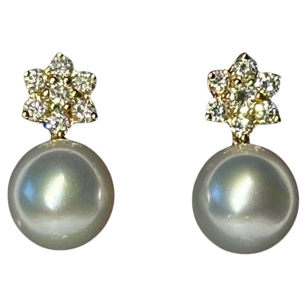 18kt Yellow Gold Stud Pearl & Diamond Earrings For Sale