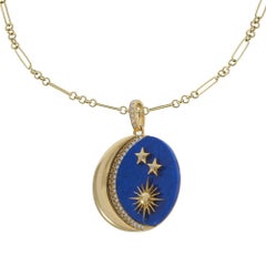 18KT Yellow Gold Sun, Moon and Stars Lapis and Diamond Pendant Necklace
