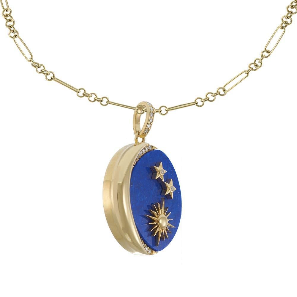 18KT Yellow Gold Sun, Moon and Stars Lapis and Diamond Pendant Necklace In New Condition For Sale In New York, NY