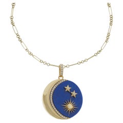18KT Yellow Gold Sun, Moon and Stars Lapis and Diamond Pendant Necklace
