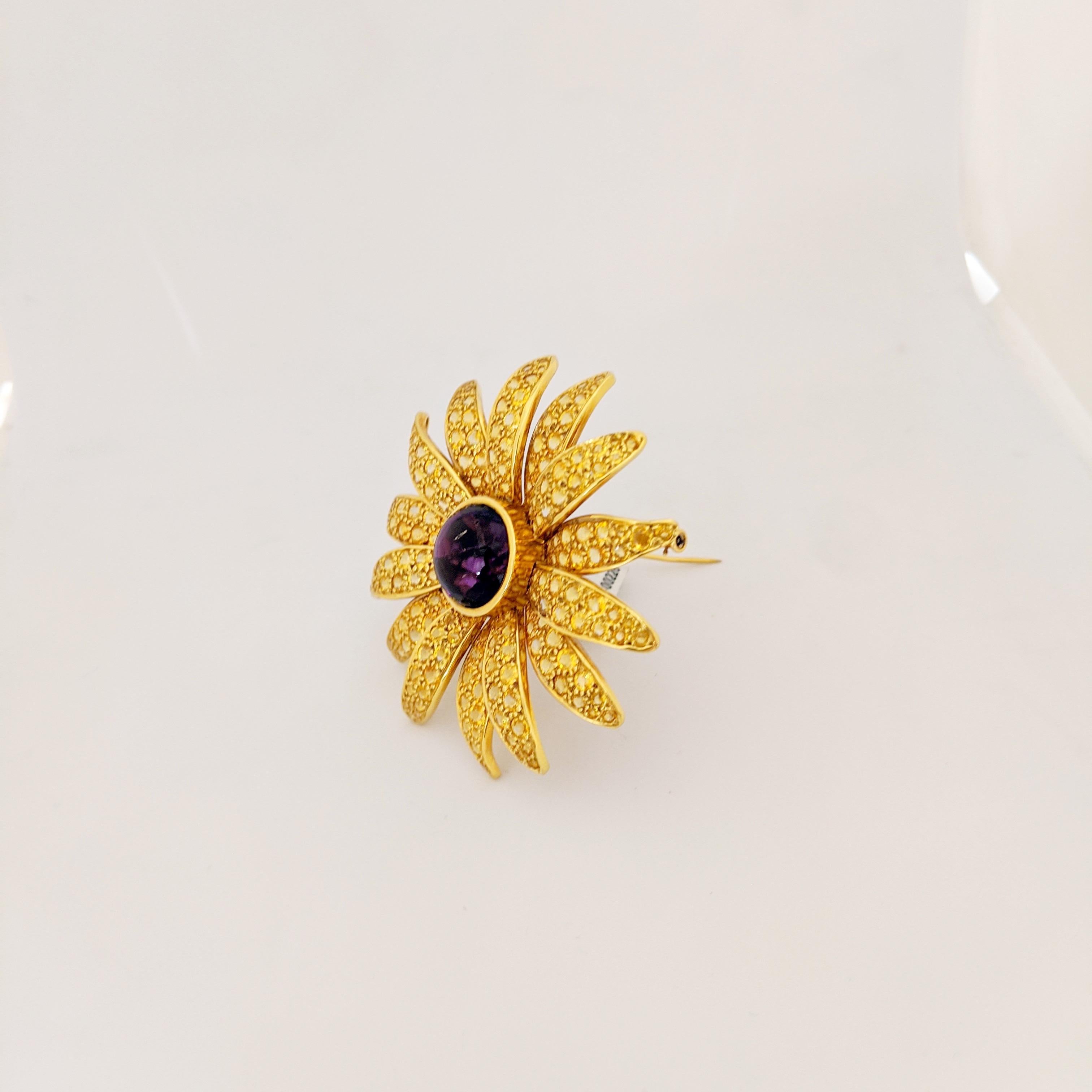 Contemporary 18kt Gold Sunflower Brooch, 20.24ct Yellow Sapphires and 15.58 Carat Amethyst