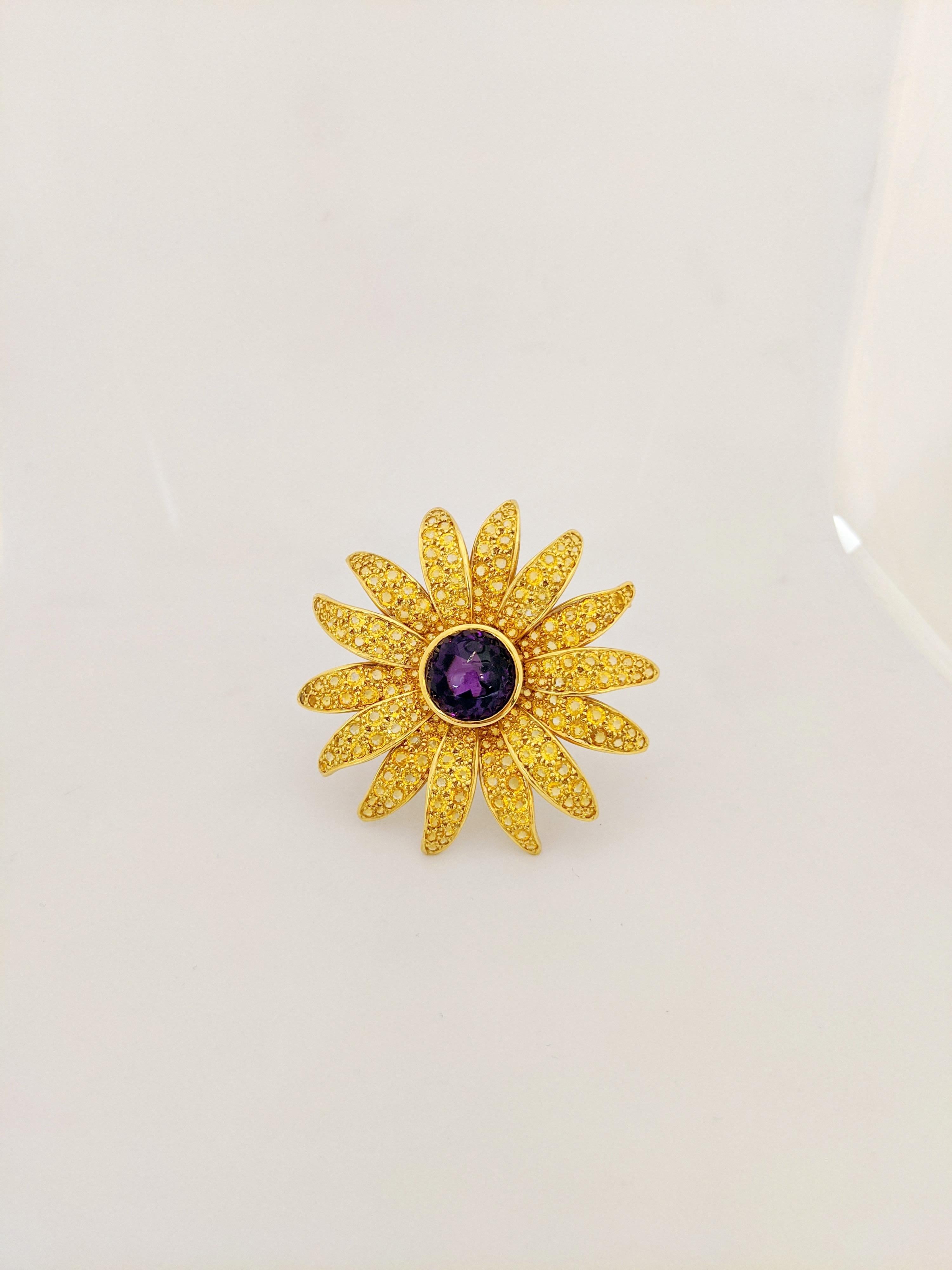 Round Cut 18kt Gold Sunflower Brooch, 20.24ct Yellow Sapphires and 15.58 Carat Amethyst