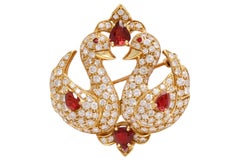 18kt yellow Gold Swan Earrings and Brooch / Pendant With Diamond & Ruby