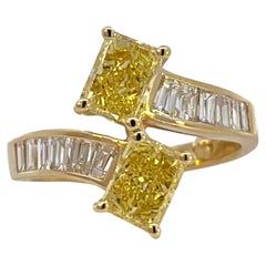 Bague Toi Et Moi en or jaune 18 carats avec diamants jaunes et baguette de 1,25 carat et 1,29 carat