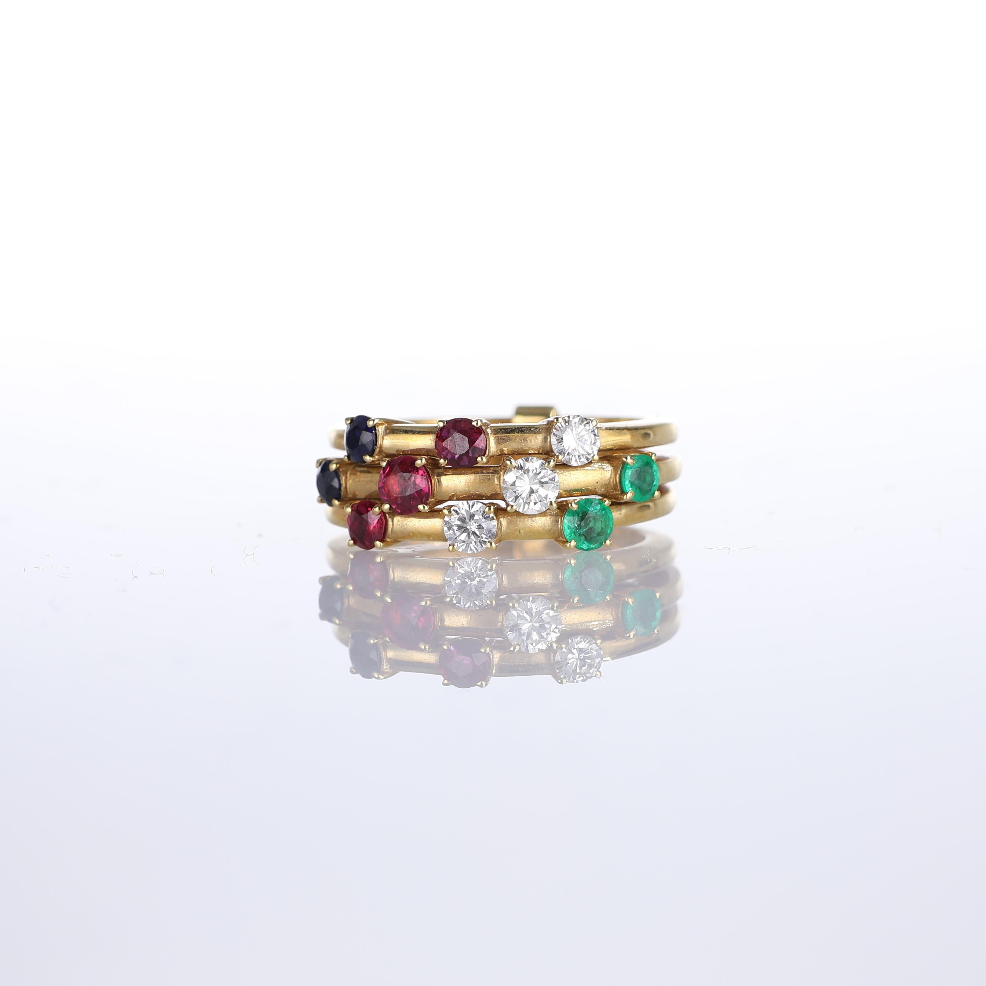 IMPORTANT NOTE:
✔ No additional costs will be added to this order.
✔ Shipping and customs duties are fully covered by us.
--------------------
This elegant ring features three interconnected 18kt yellow gold bands, each adorned with a combination of
