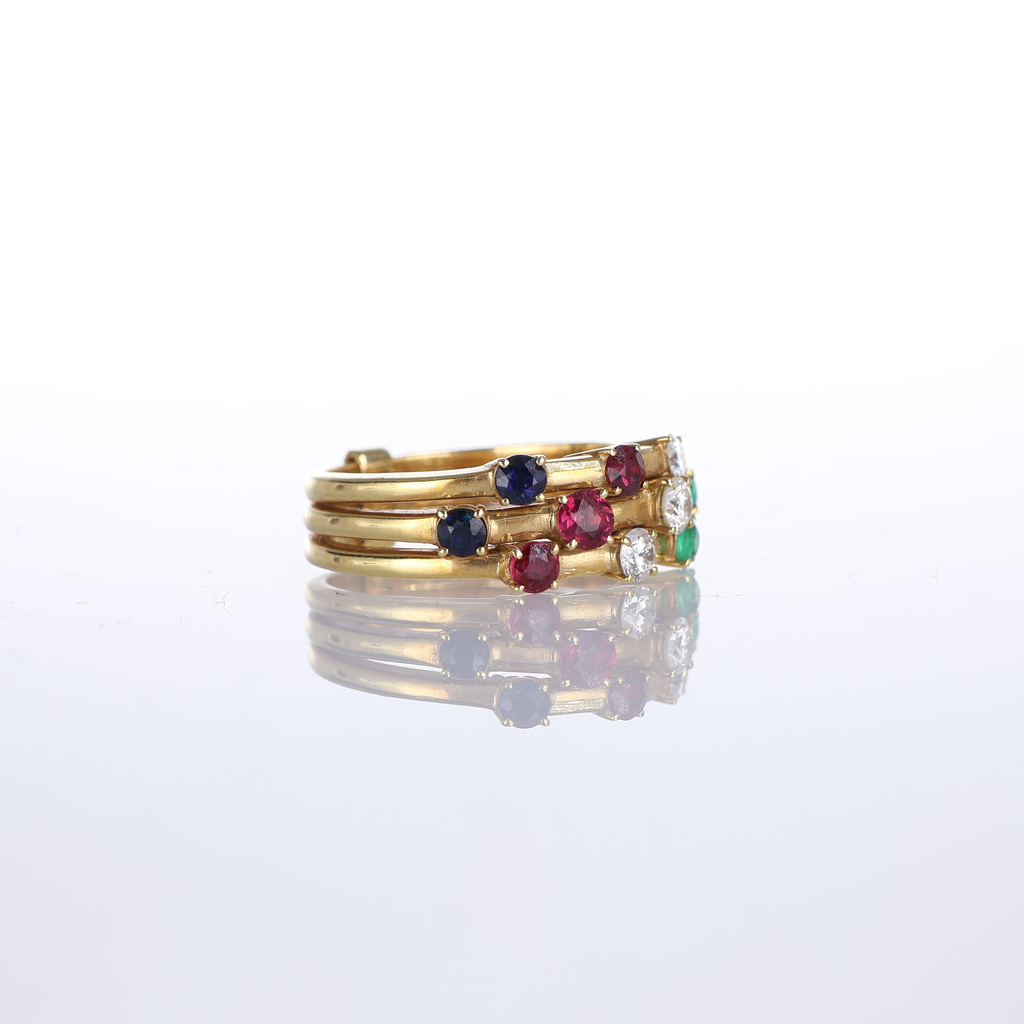 Brilliant Cut 18kt Yellow Gold Triple Band Ring with Diamonds, Rubies, Sapphires, and Emeralds For Sale