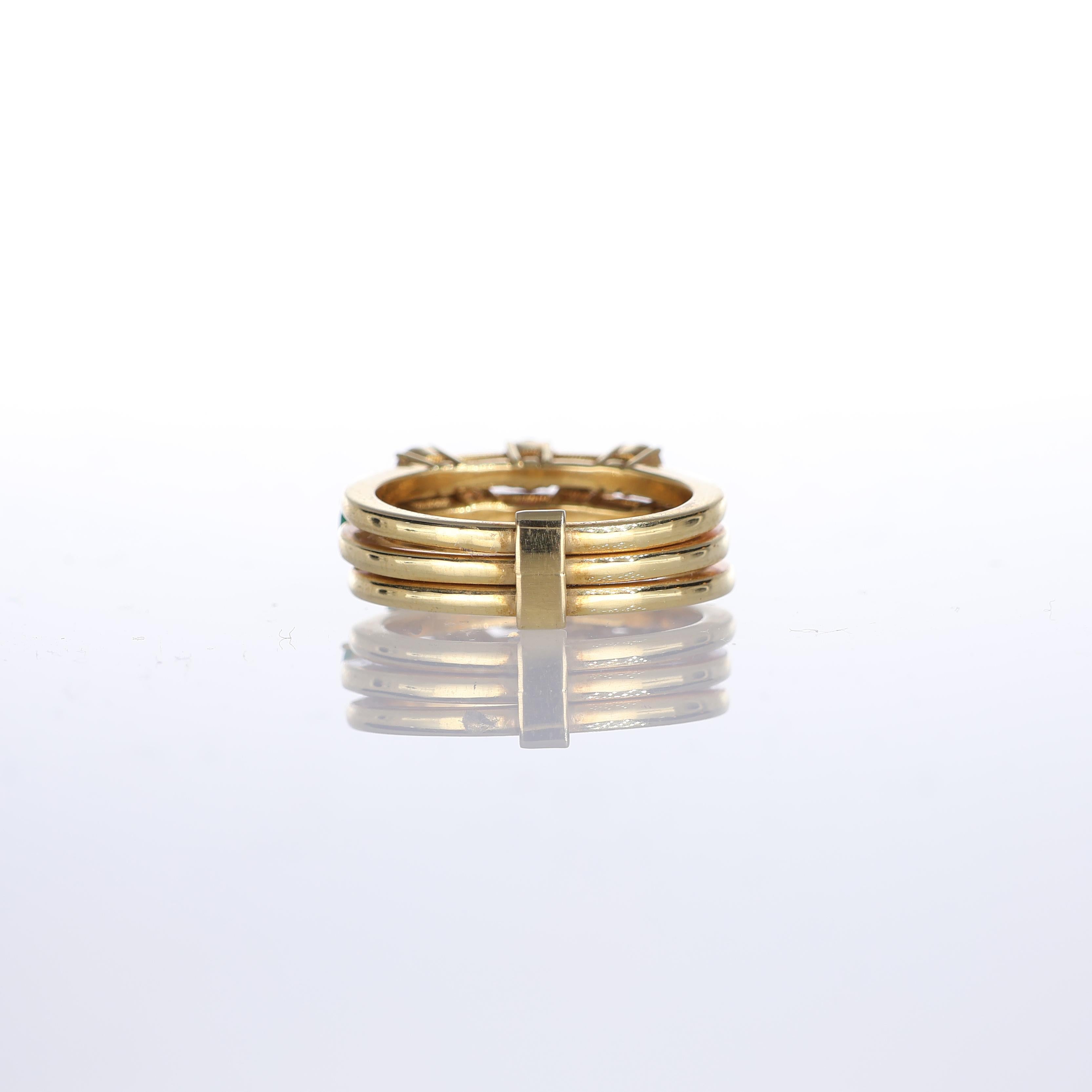 Women's or Men's 18kt Yellow Gold Triple Band Ring with Diamonds, Rubies, Sapphires, and Emeralds For Sale