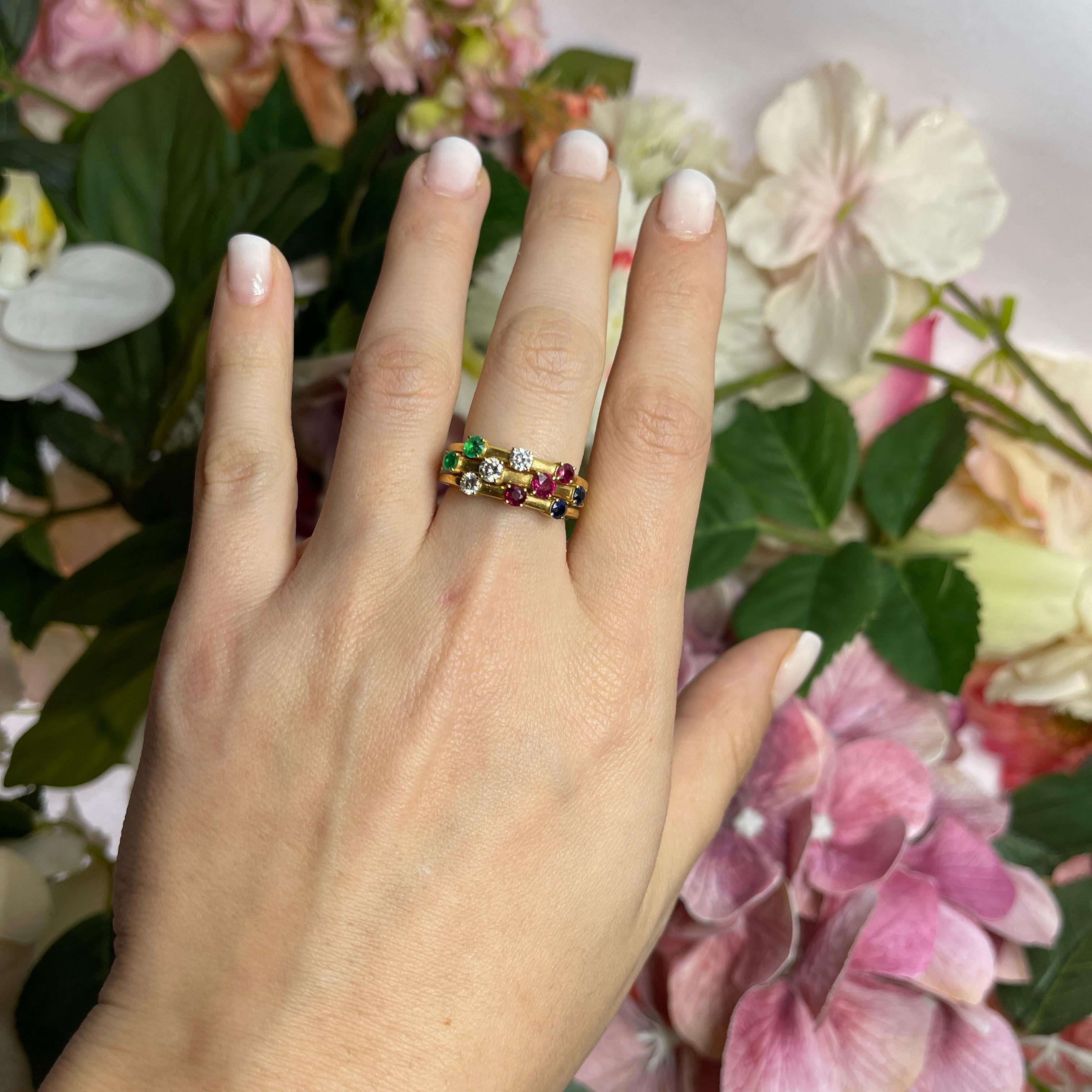 18kt Yellow Gold Triple Band Ring with Diamonds, Rubies, Sapphires, and Emeralds For Sale 1