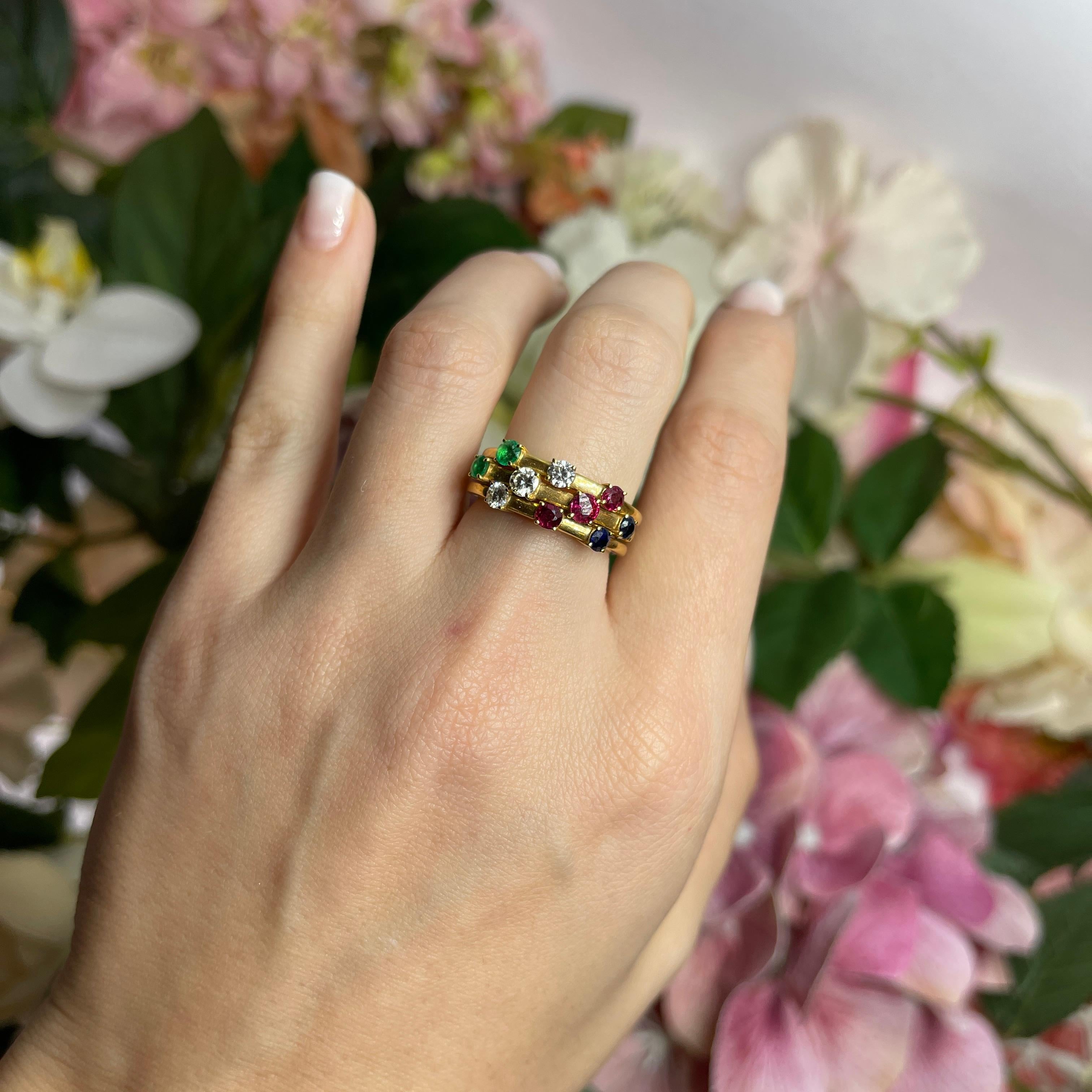 18kt Yellow Gold Triple Band Ring with Diamonds, Rubies, Sapphires, and Emeralds For Sale 2