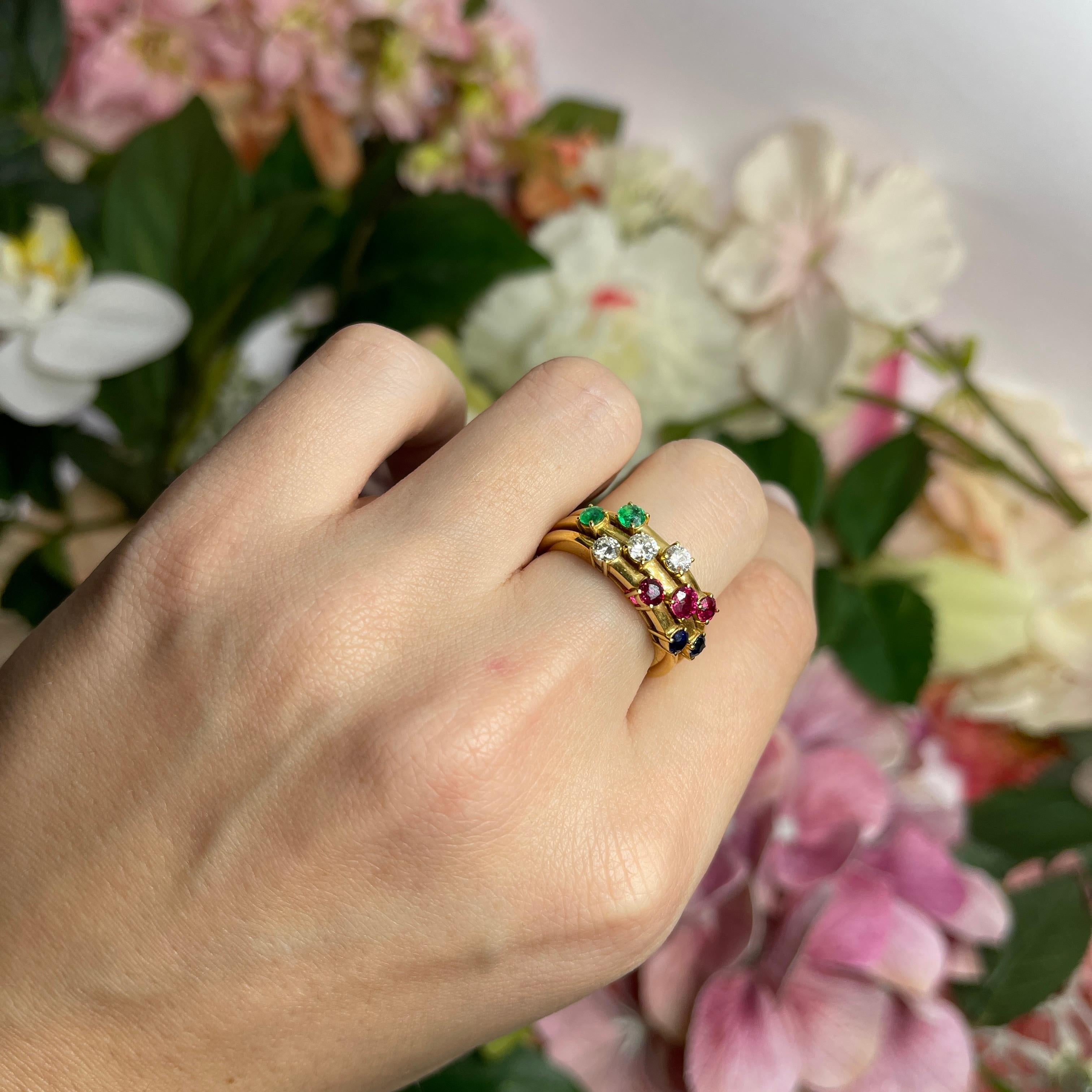 18kt Yellow Gold Triple Band Ring with Diamonds, Rubies, Sapphires, and Emeralds For Sale 3
