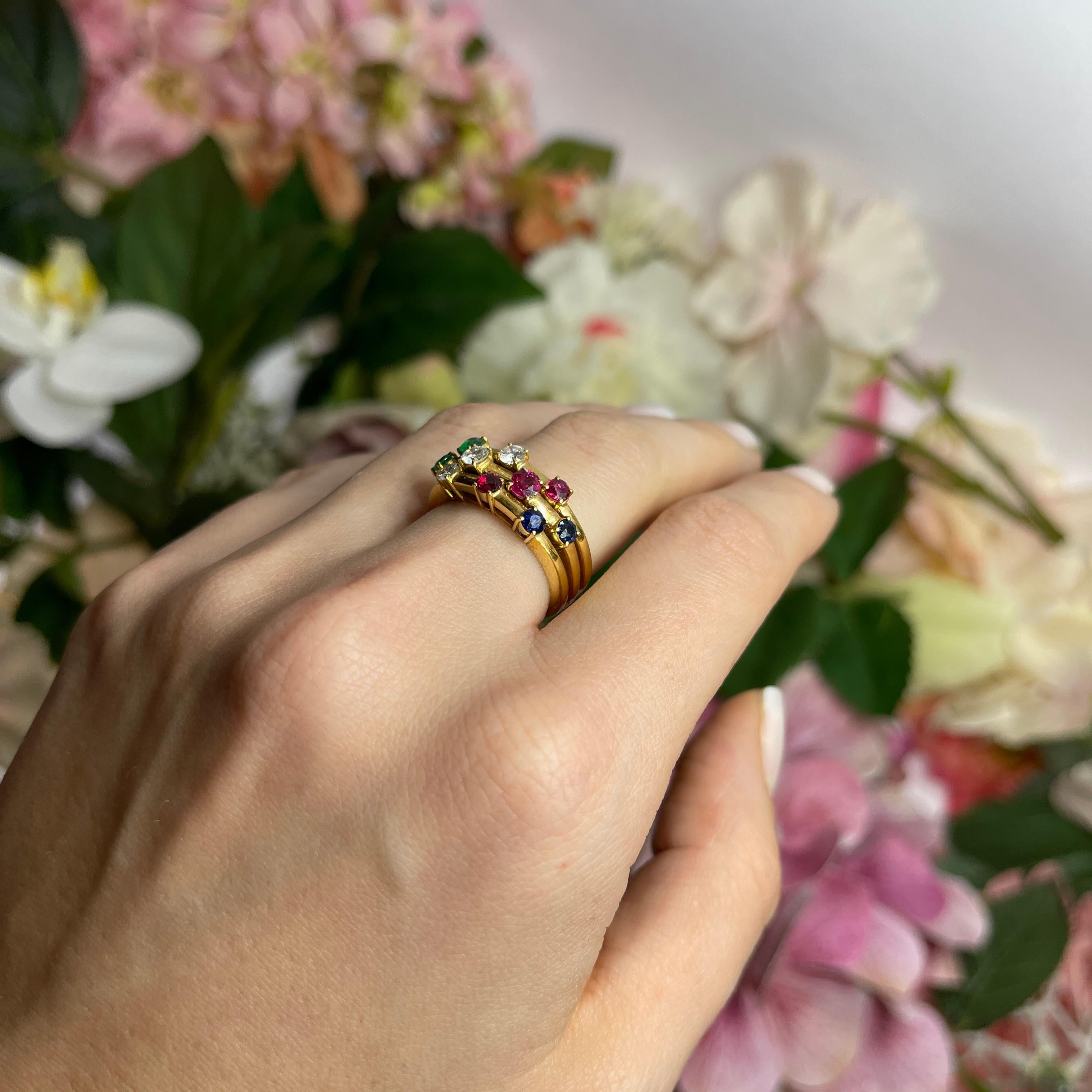 18kt Yellow Gold Triple Band Ring with Diamonds, Rubies, Sapphires, and Emeralds For Sale 4