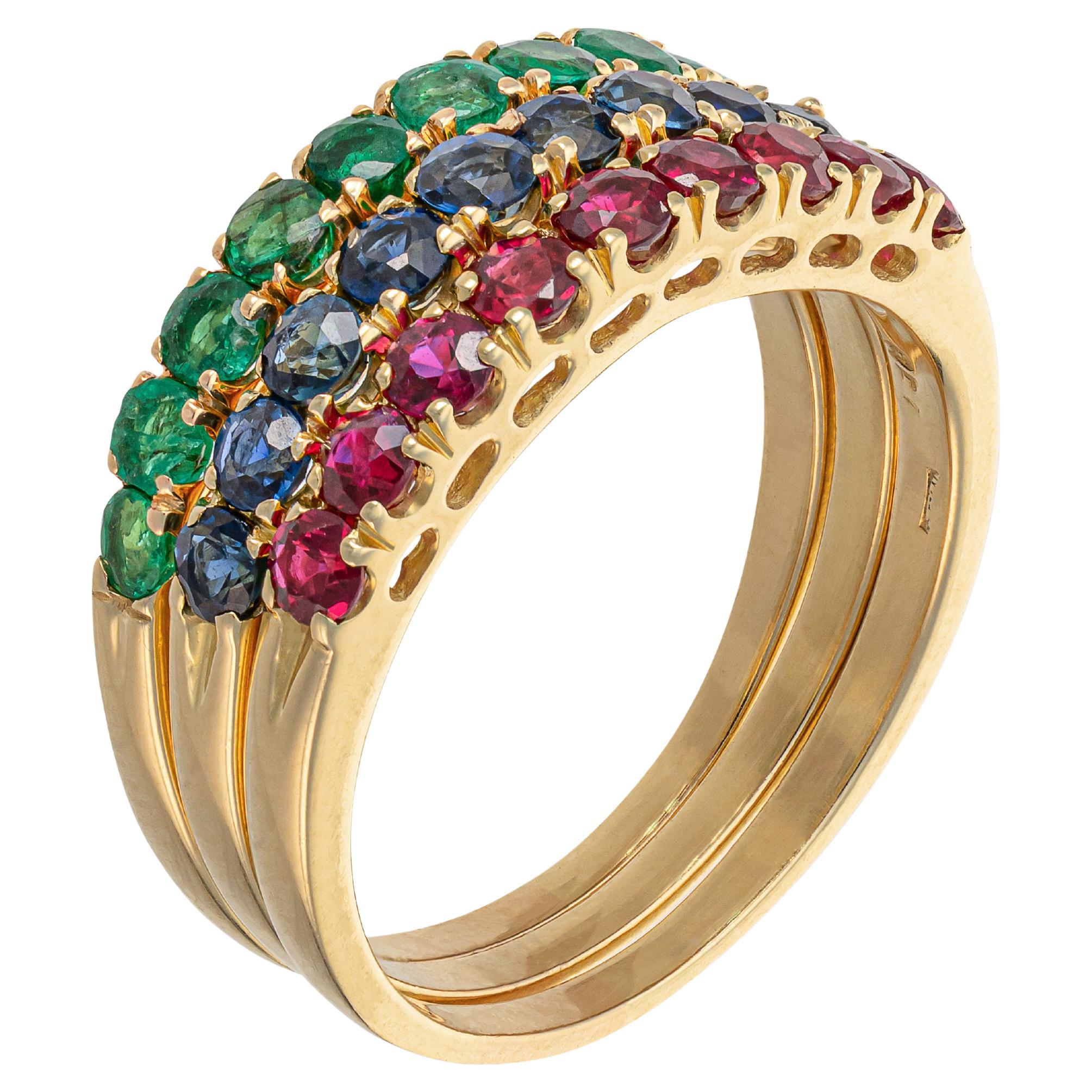 Anello in oro triplo con rubini, smeraldi e zaffiri