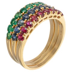 18kt Yellow Gold Triple Ring with Rubies, Emeralds, and Sapphires