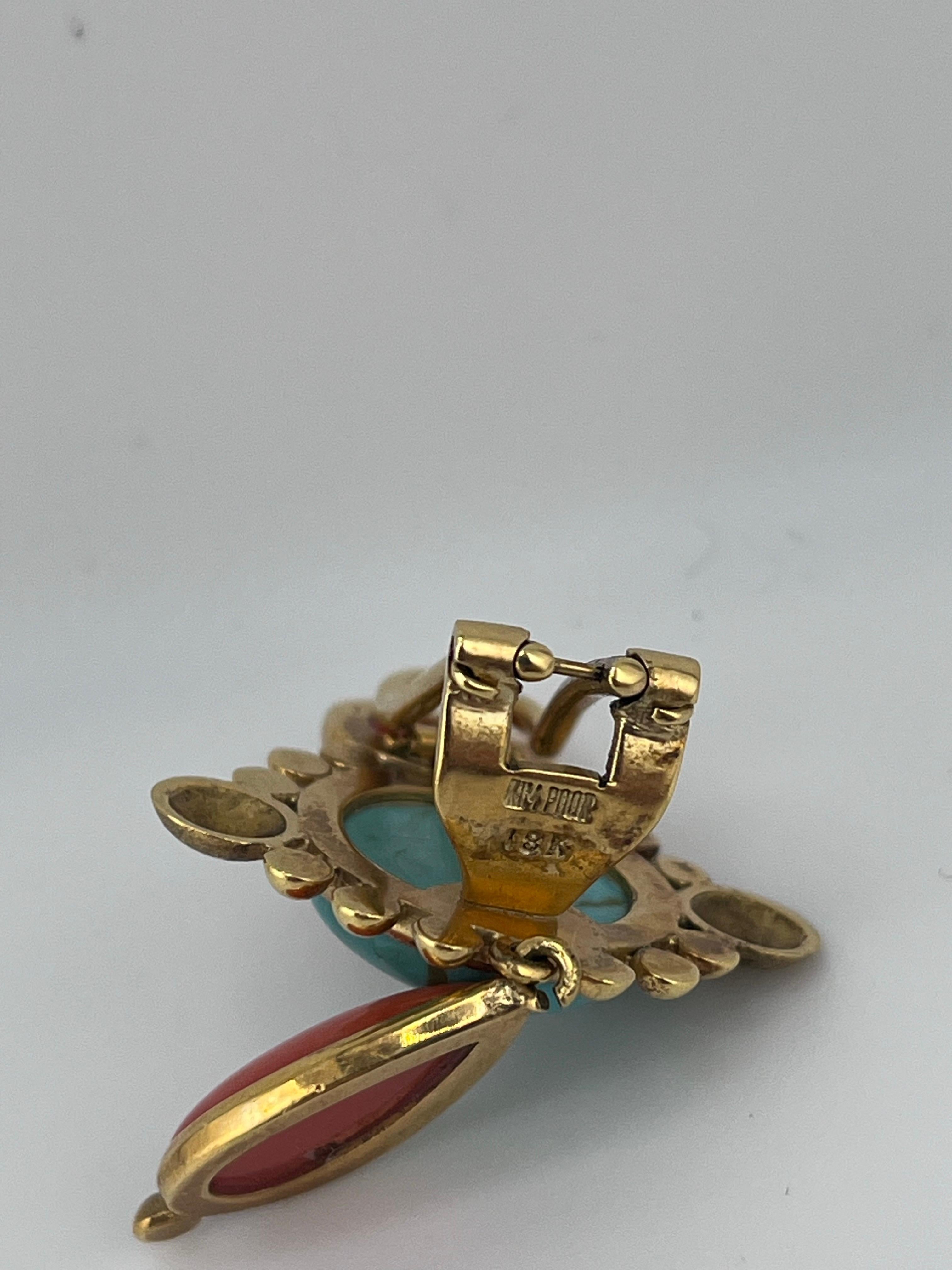 Women's 18kt Yellow gold Turquoise and Coral Earrings For Sale