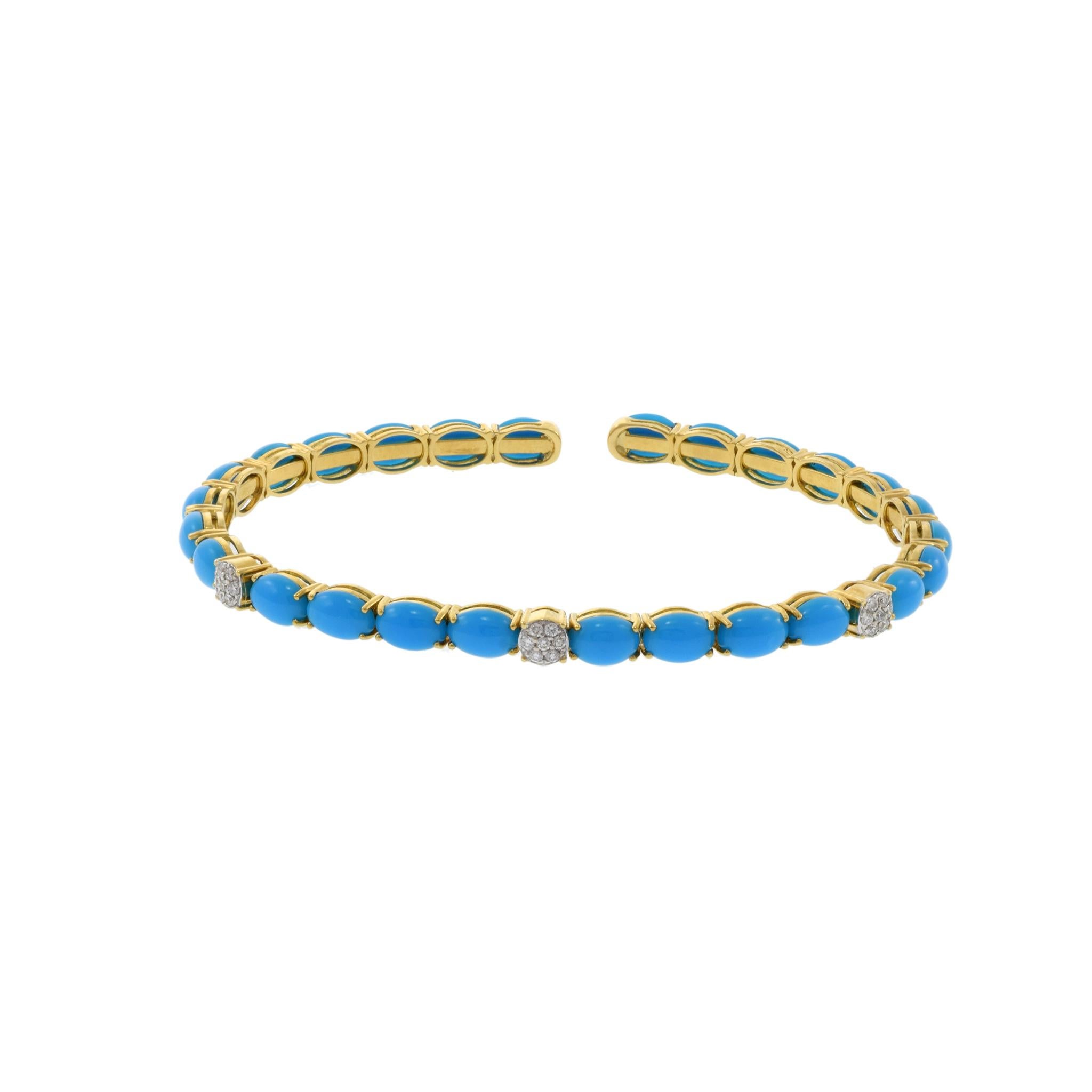 This sophisticated cuff bangle is crafted with quality materials, boasting 18KT yellow gold, oval cabochon cut turquoise, and 0.15CT-TW diamonds for an elegant, luxurious accessory.