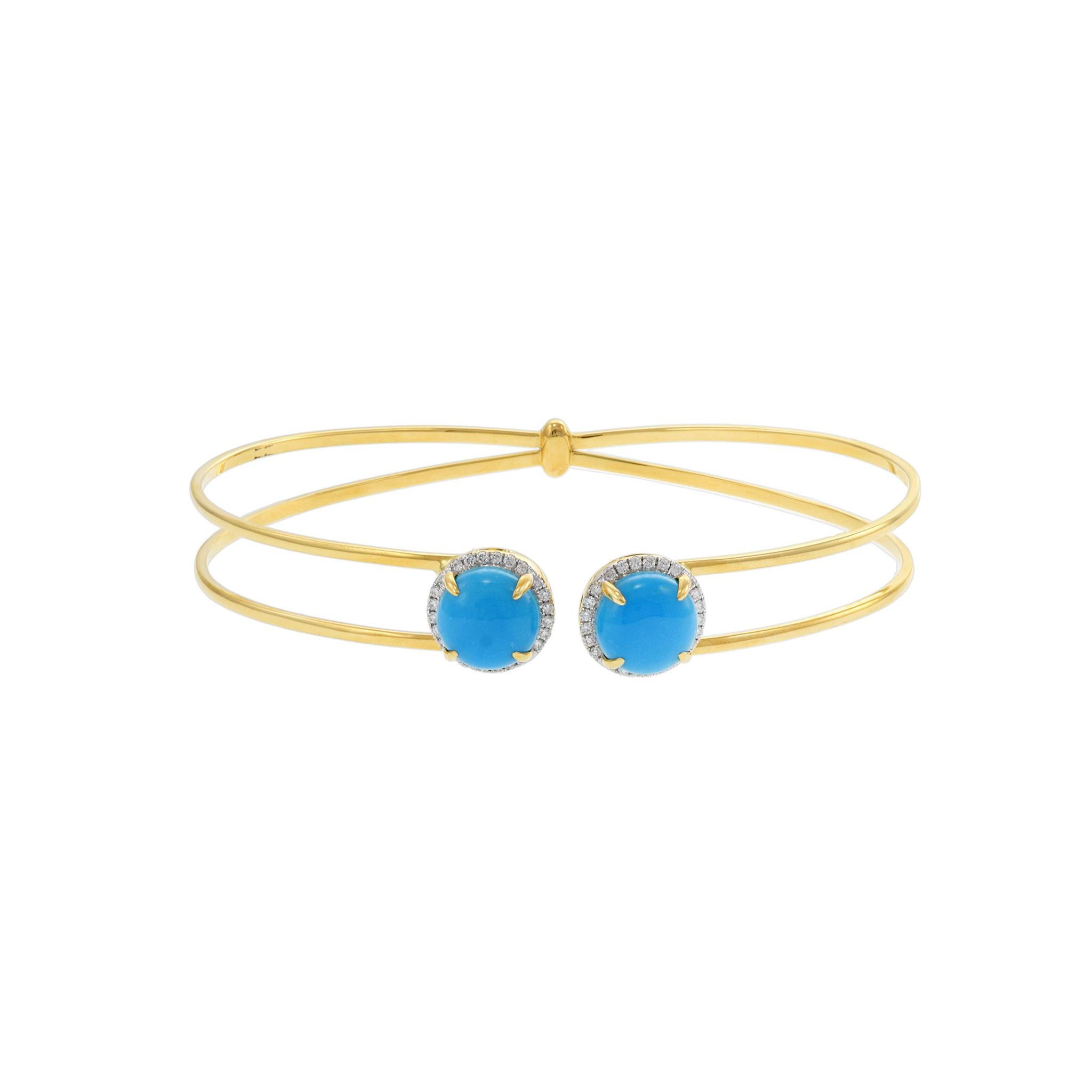 This 18KT yellow gold cuff bangle bracelet showcases the exquisite beauty of two genuine round cabochon turquoise gemstones, accented by a total of 0.18 carats of G-VS round-cut diamonds. It's a captivating and luxurious accessory, perfect for