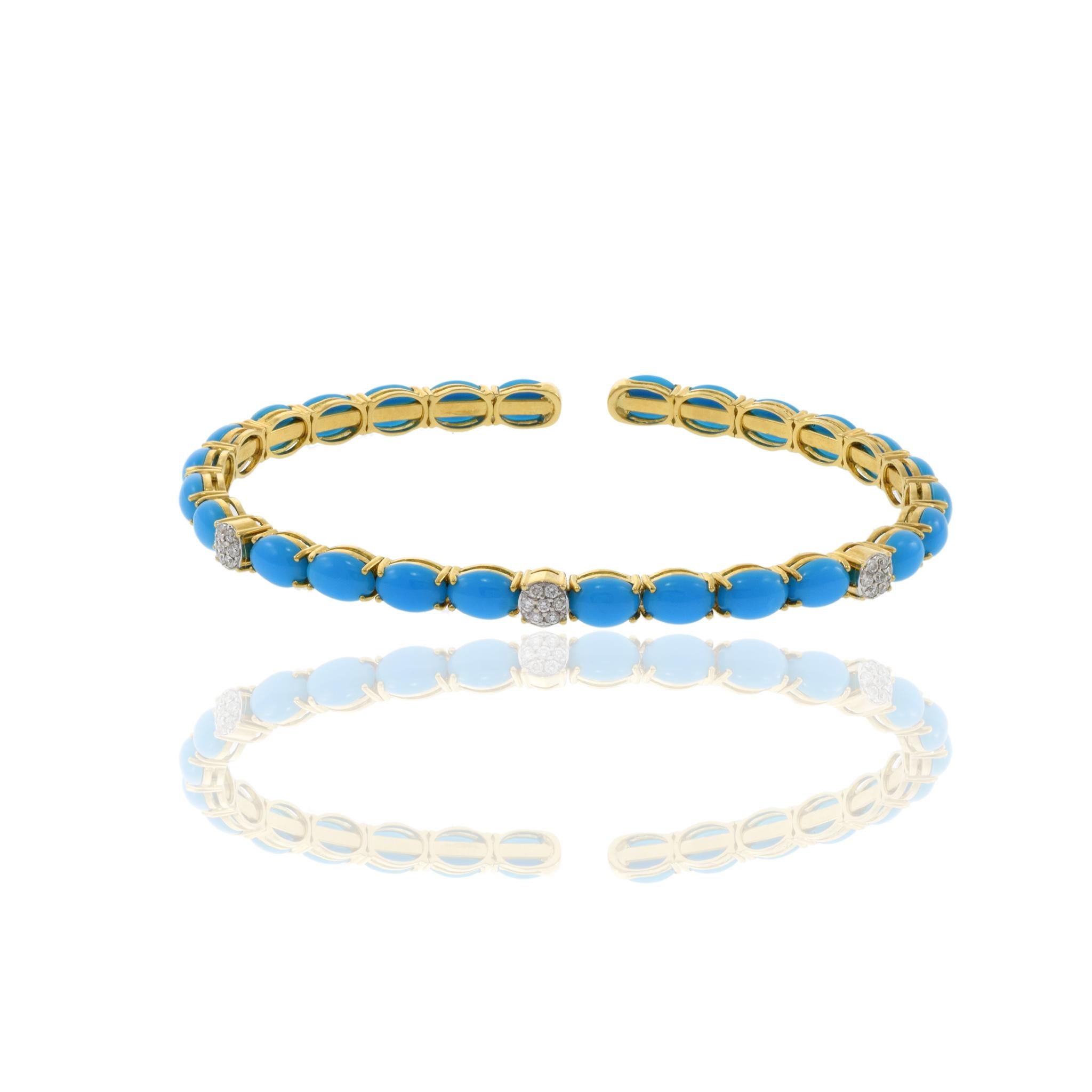 Modern 18KT Yellow Gold Turquoise And Diamond Bangle Bracelet For Sale