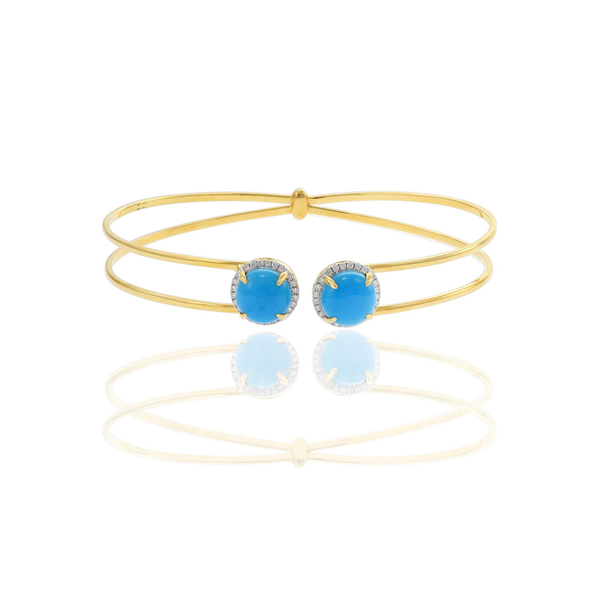 Modern 18KT Yellow Gold Turquoise And Diamond Bangle Bracelet For Sale