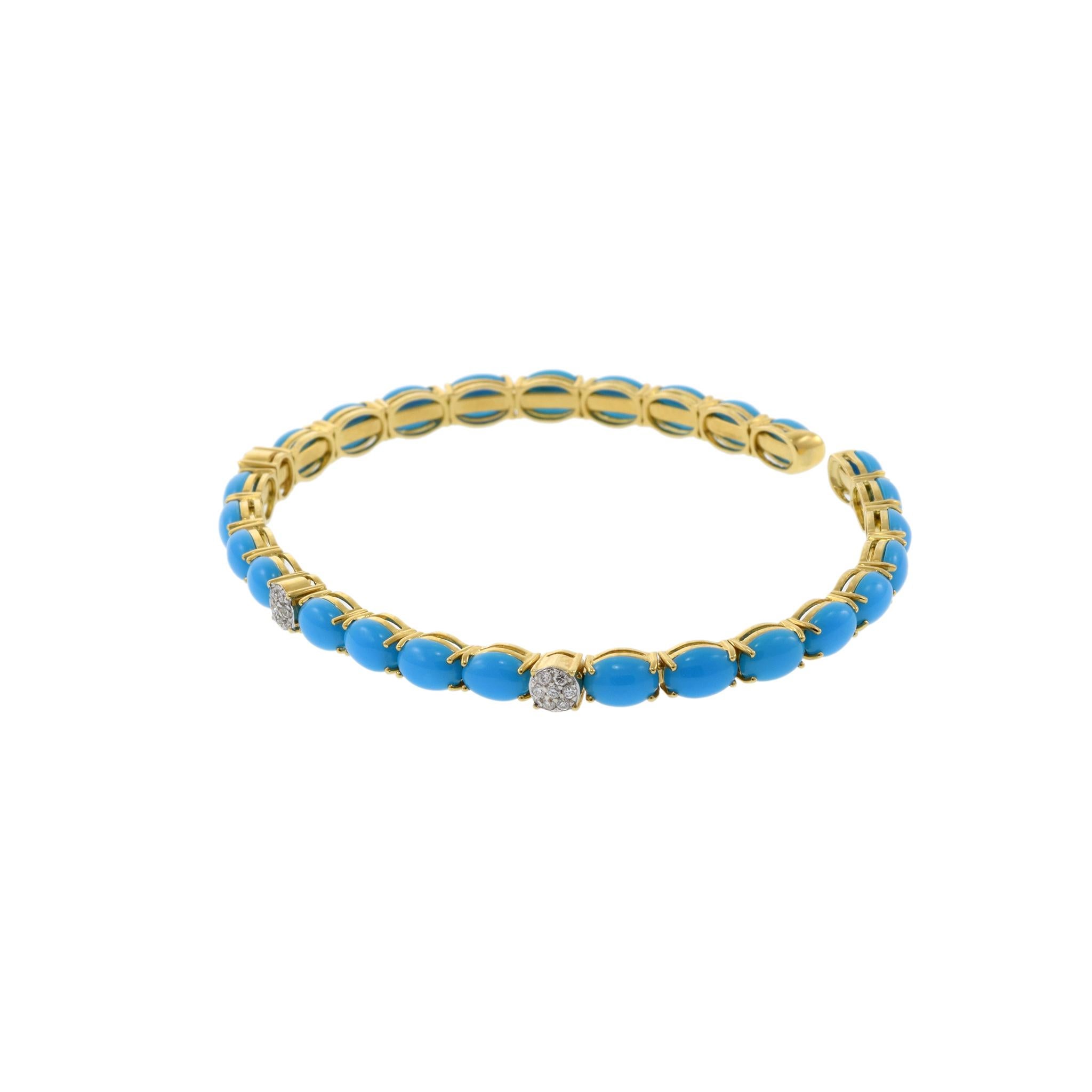 Cabochon 18KT Yellow Gold Turquoise And Diamond Bangle Bracelet For Sale