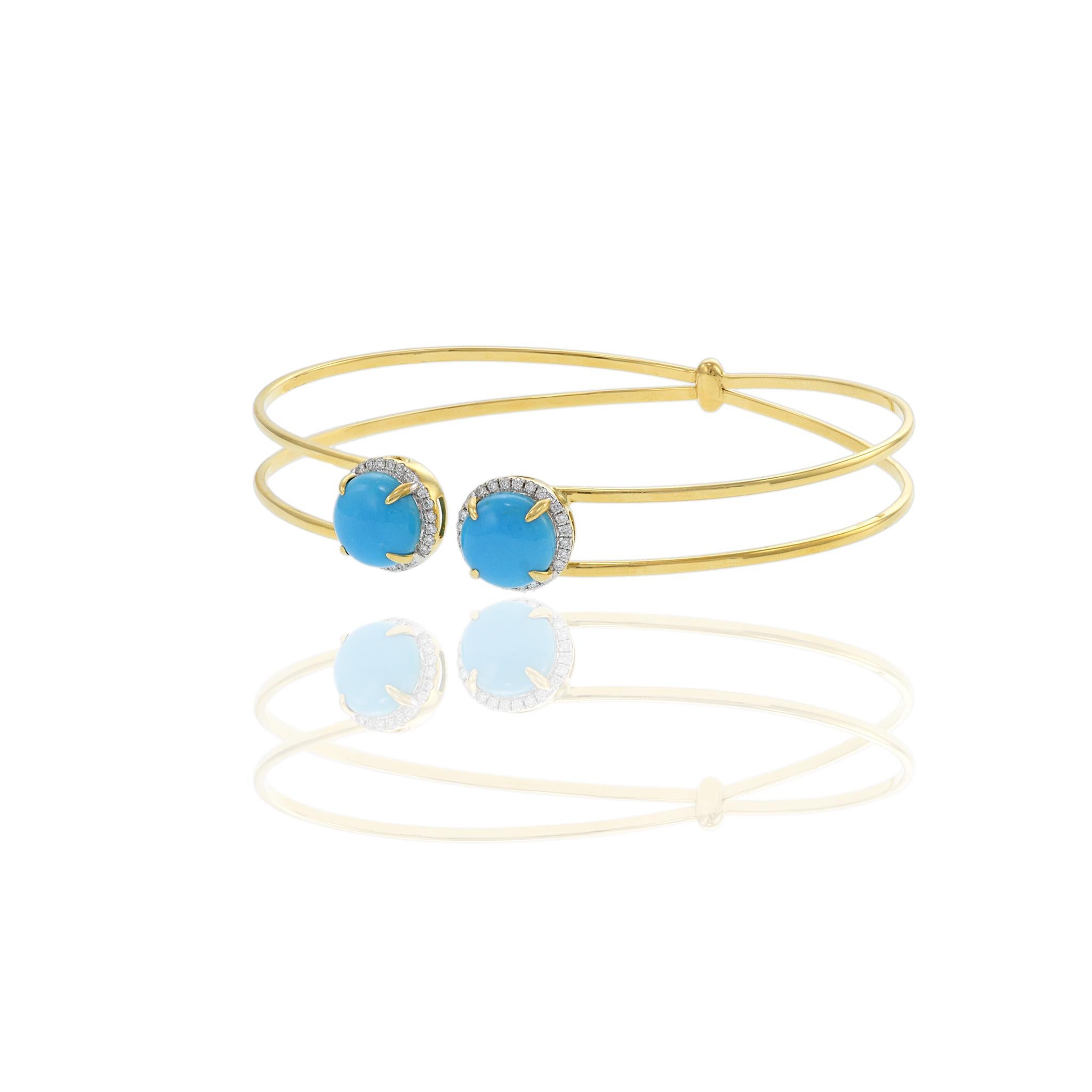 Cabochon 18KT Yellow Gold Turquoise And Diamond Bangle Bracelet For Sale