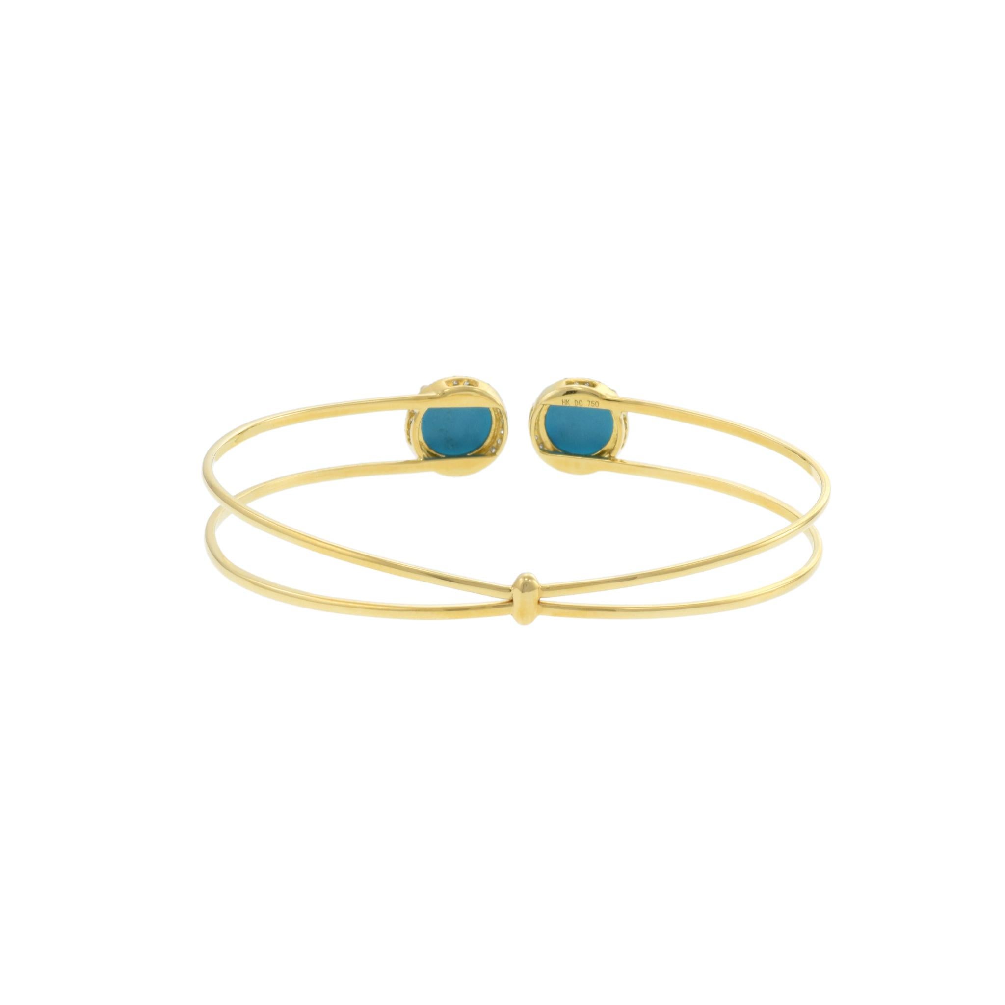18KT Yellow Gold Turquoise And Diamond Bangle Bracelet In New Condition For Sale In New York, NY