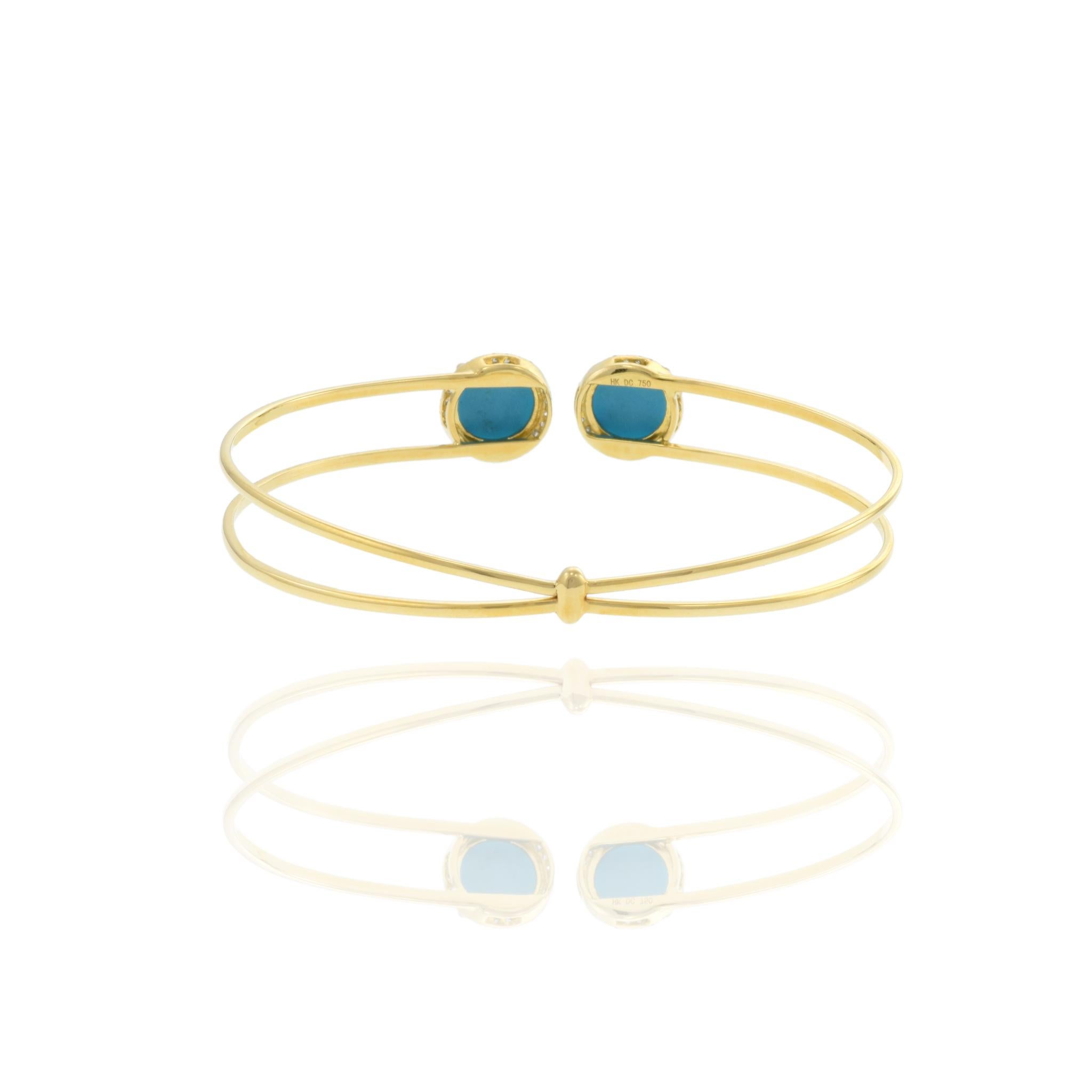 Women's or Men's 18KT Yellow Gold Turquoise And Diamond Bangle Bracelet For Sale