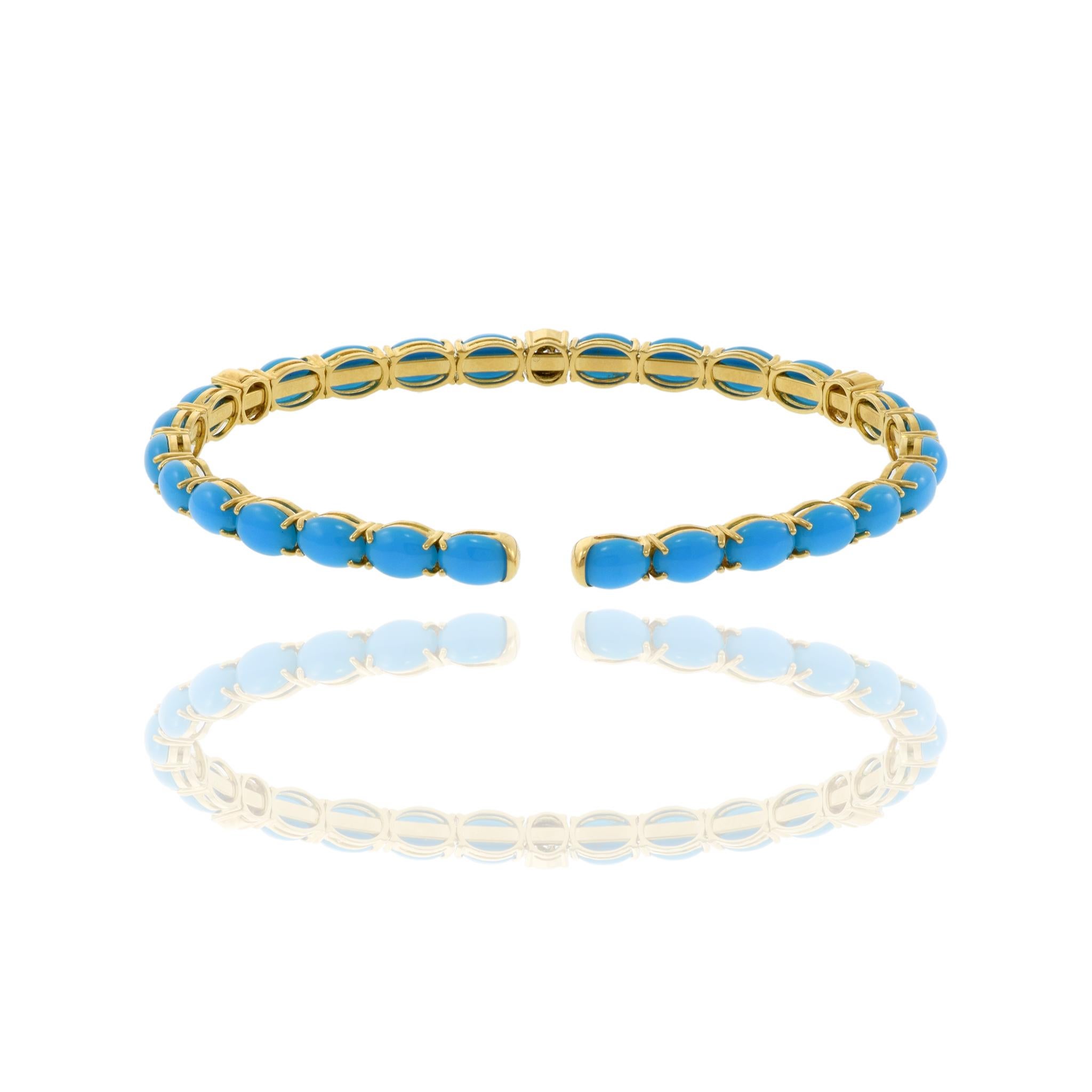 18KT Yellow Gold Turquoise And Diamond Bangle Bracelet For Sale 1