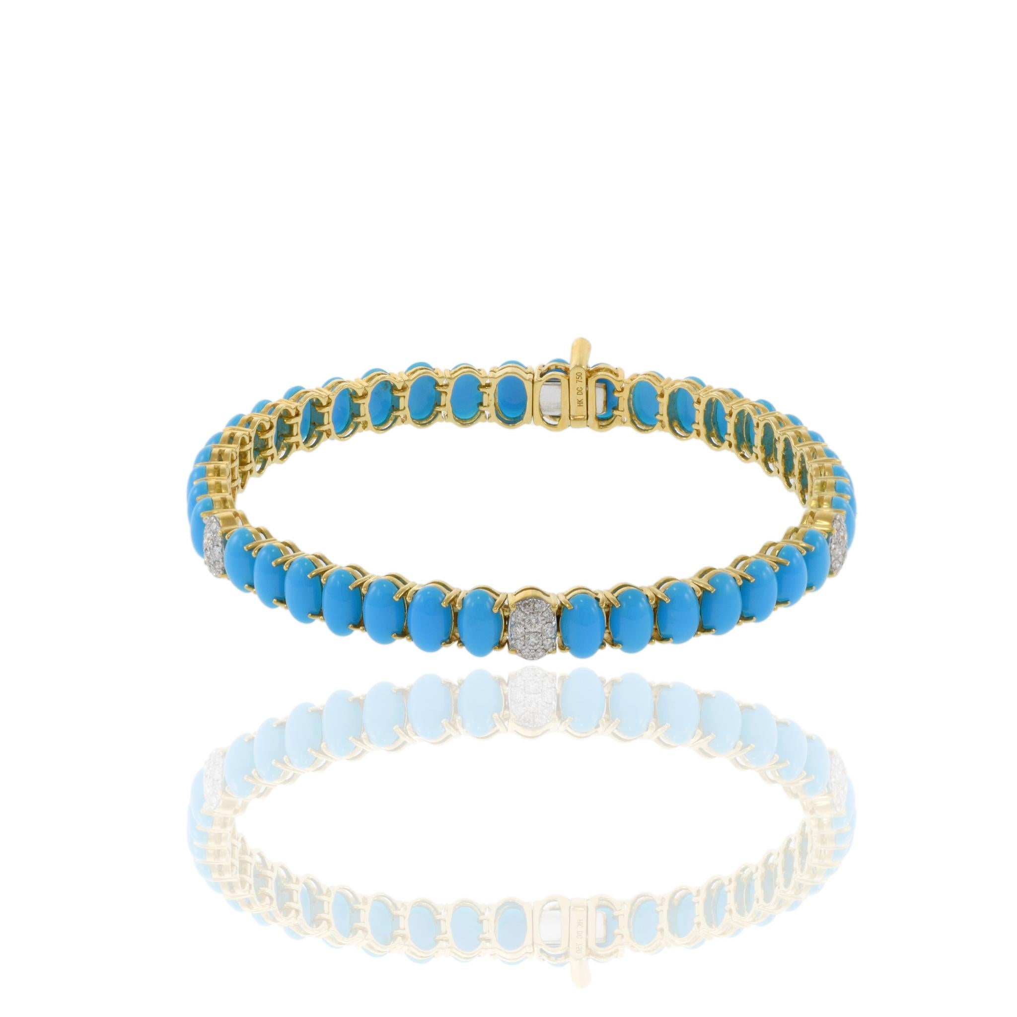 Pulsera de Oro Amarillo de 18 KT Turquesa y Diamantes Moderno en venta