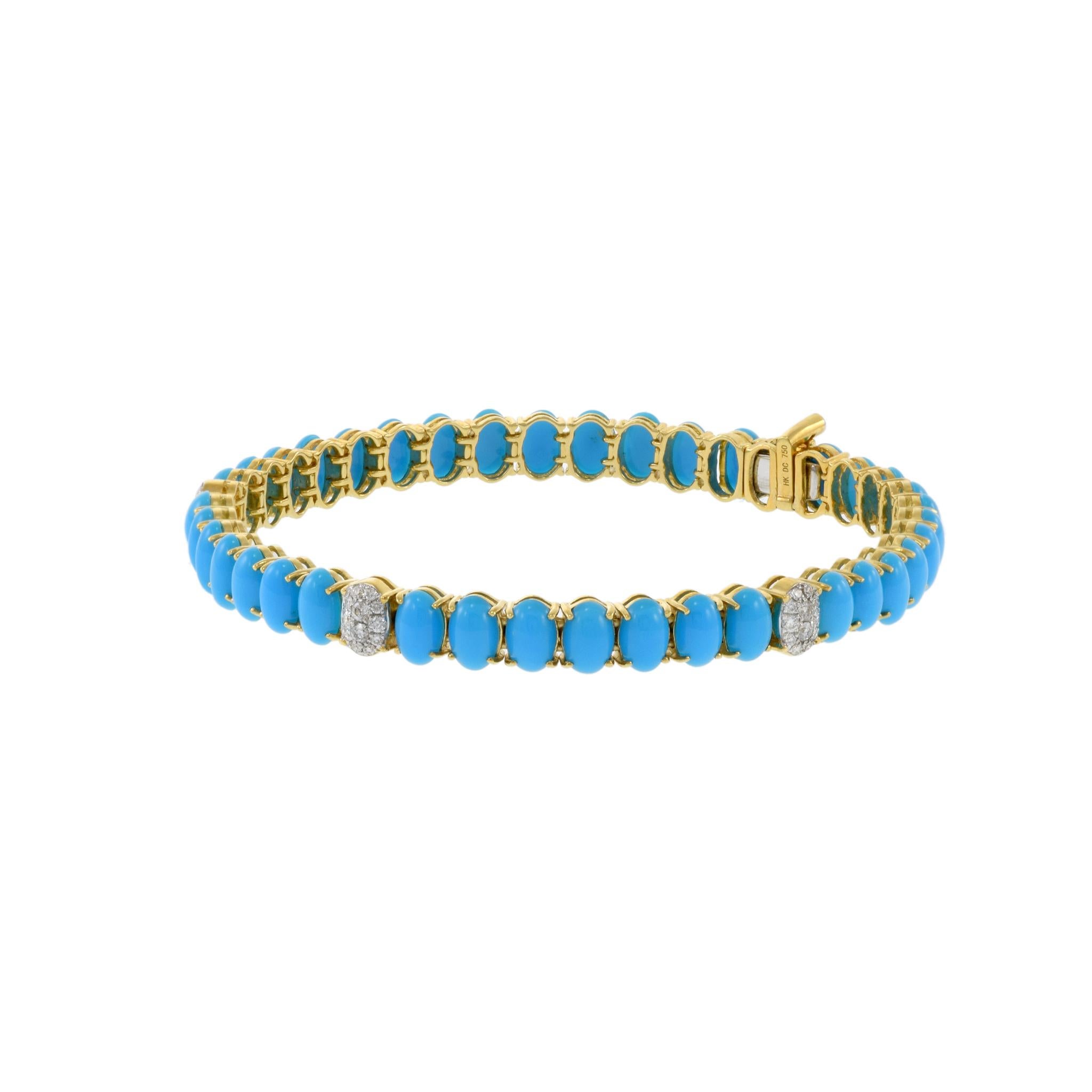 Pulsera de Oro Amarillo de 18 KT Turquesa y Diamantes Corte oval en venta