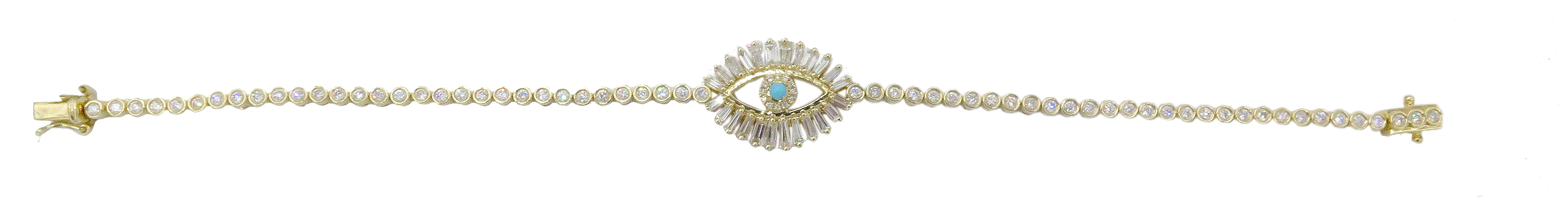 Taille baguette Bracelet tennis Evil Eye en or jaune 18 carats avec turquoises et diamants baguettes en vente