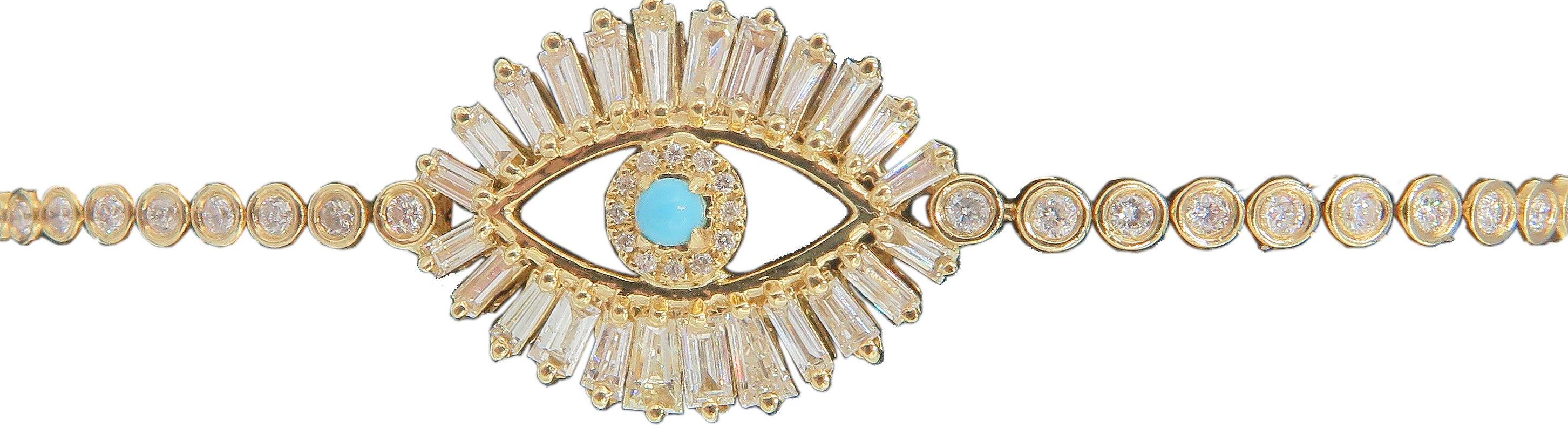 Bracelet tennis Evil Eye en or jaune 18 carats avec turquoises et diamants baguettes Neuf - En vente à West Palm Beach, FL