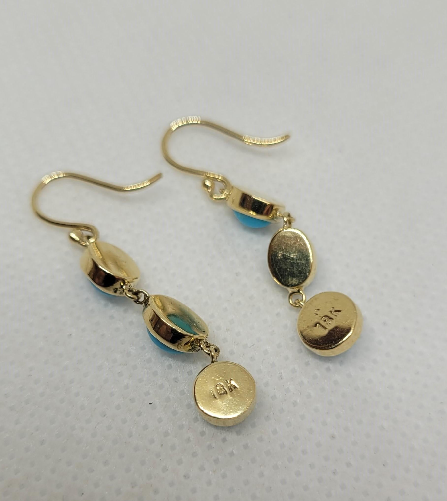 Orecchini pendenti in oro giallo 18kt con turchese Shepard, 1,5 pollici, 3,1 grammi, ovale rotondo In condizioni buone in vendita a San Diego, CA