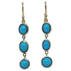 18kt Yellow Gold Turquoise Shepard Dangle Earrings, 1.5 In, 3.1gr, Oval Round