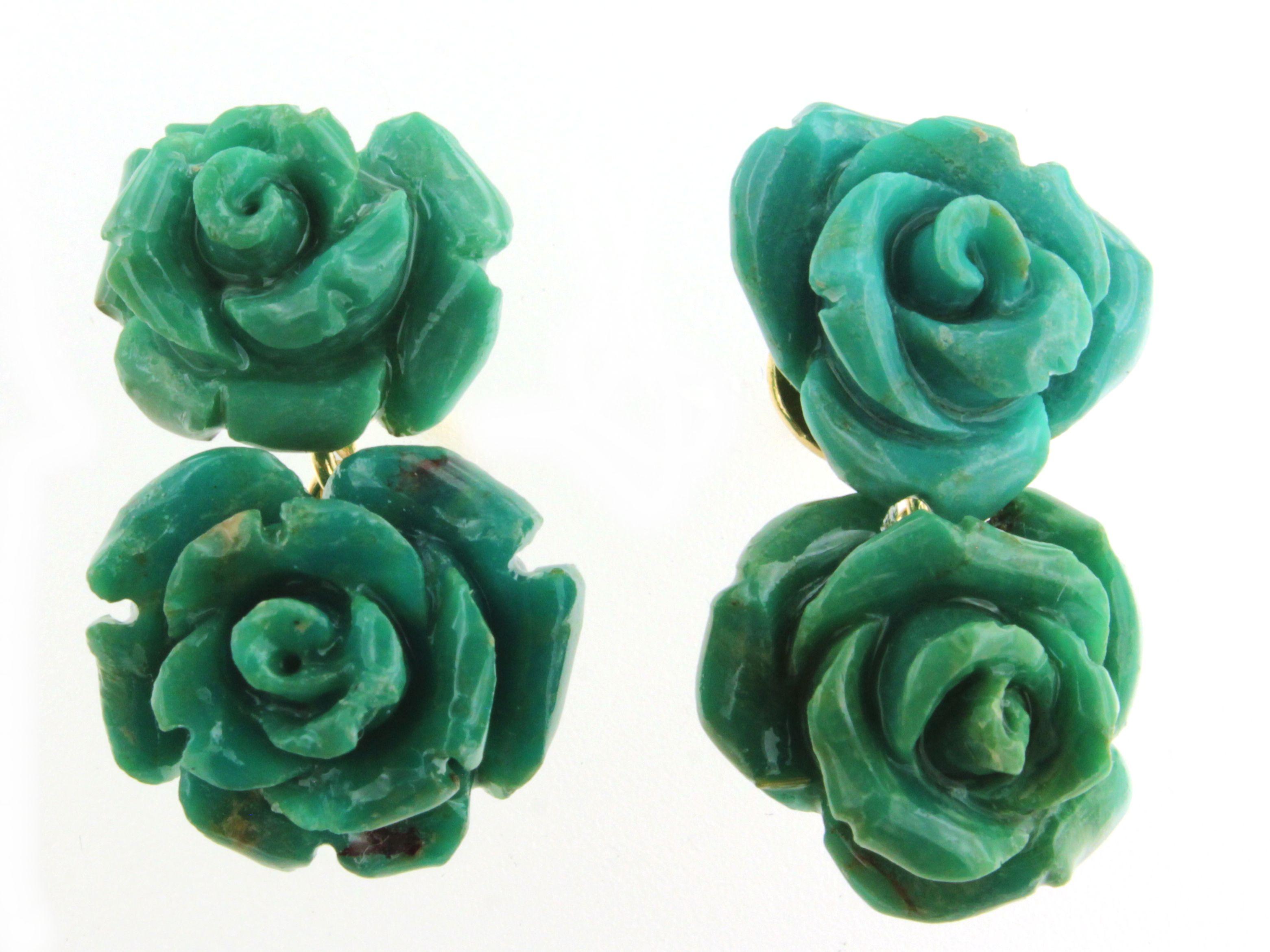 Taglio a rosa Orecchini pendenti eleganti in oro giallo 18Kt con pietre di turchese in vendita