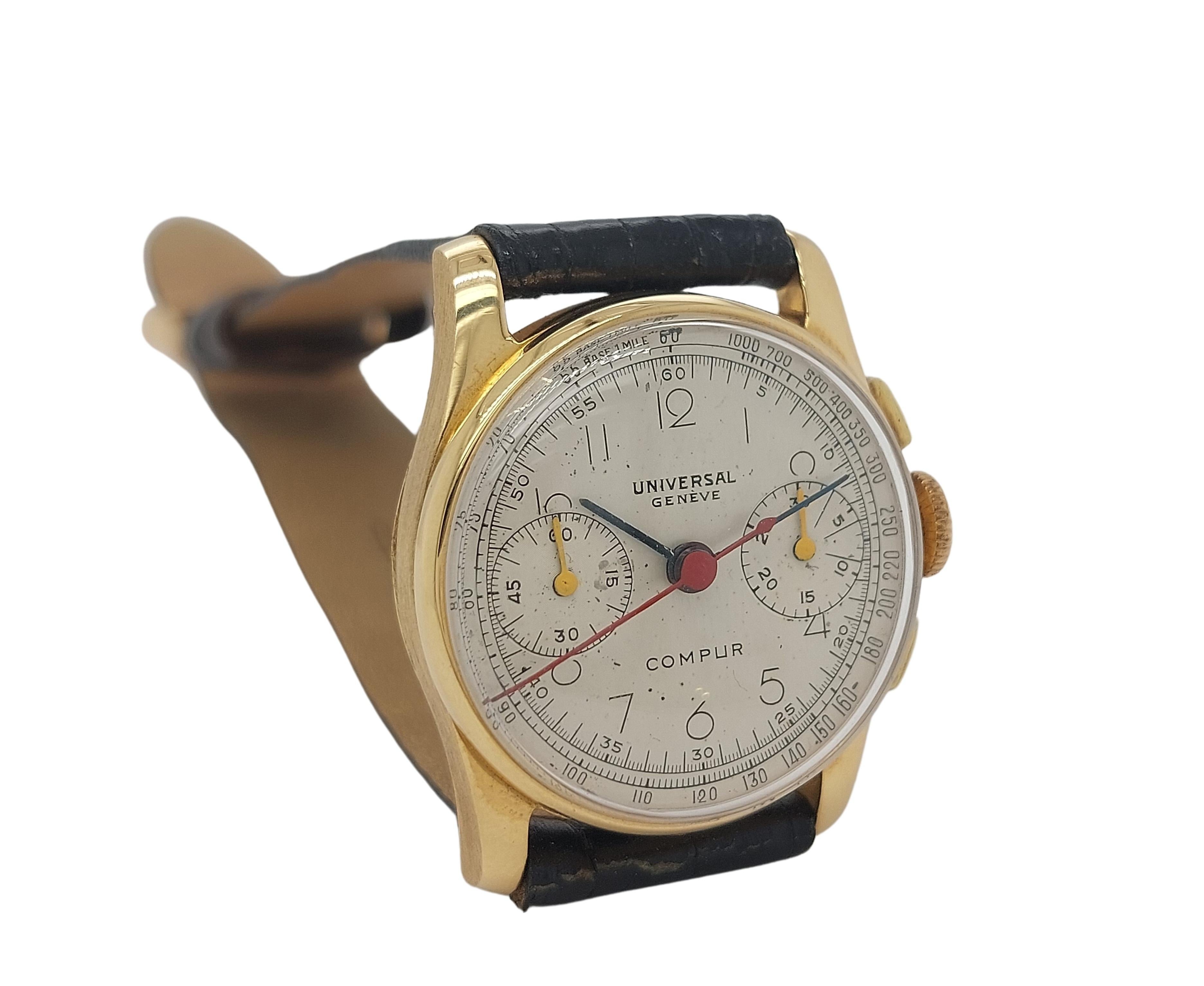 Montre chronographe Universal Geneve en or jaune 18 carats, extrêmement rare en vente 4