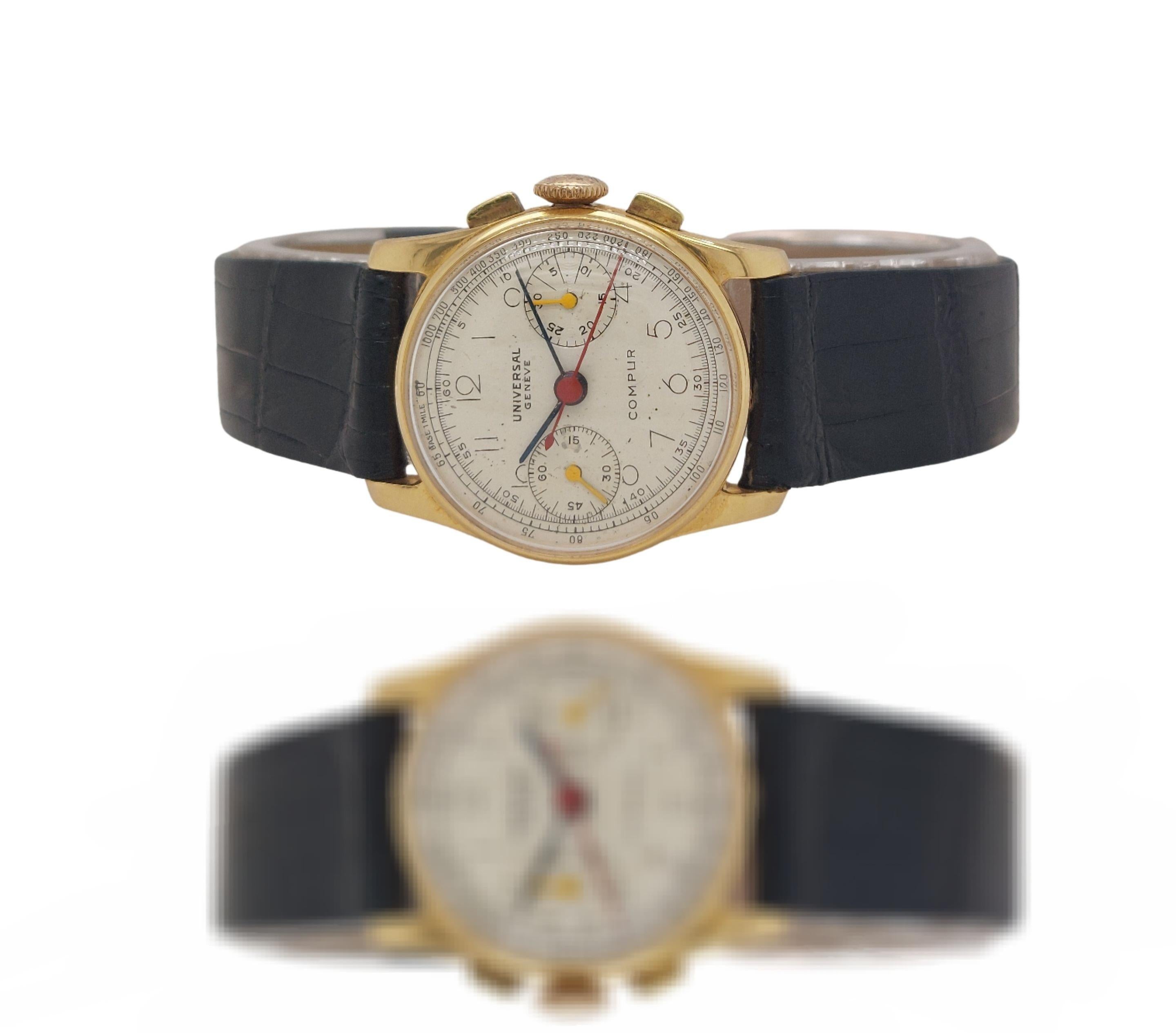 Montre chronographe Universal Geneve en or jaune 18 carats, extrêmement rare en vente 6
