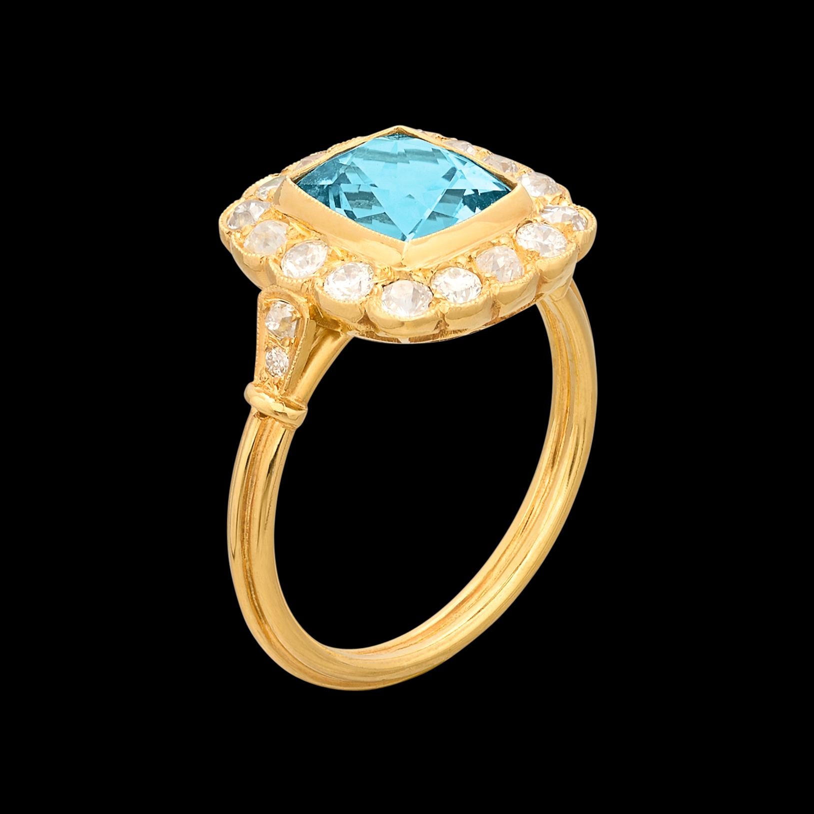 18kt Yellow Gold Vibrant Aquamarine & Diamond Ring For Sale 1