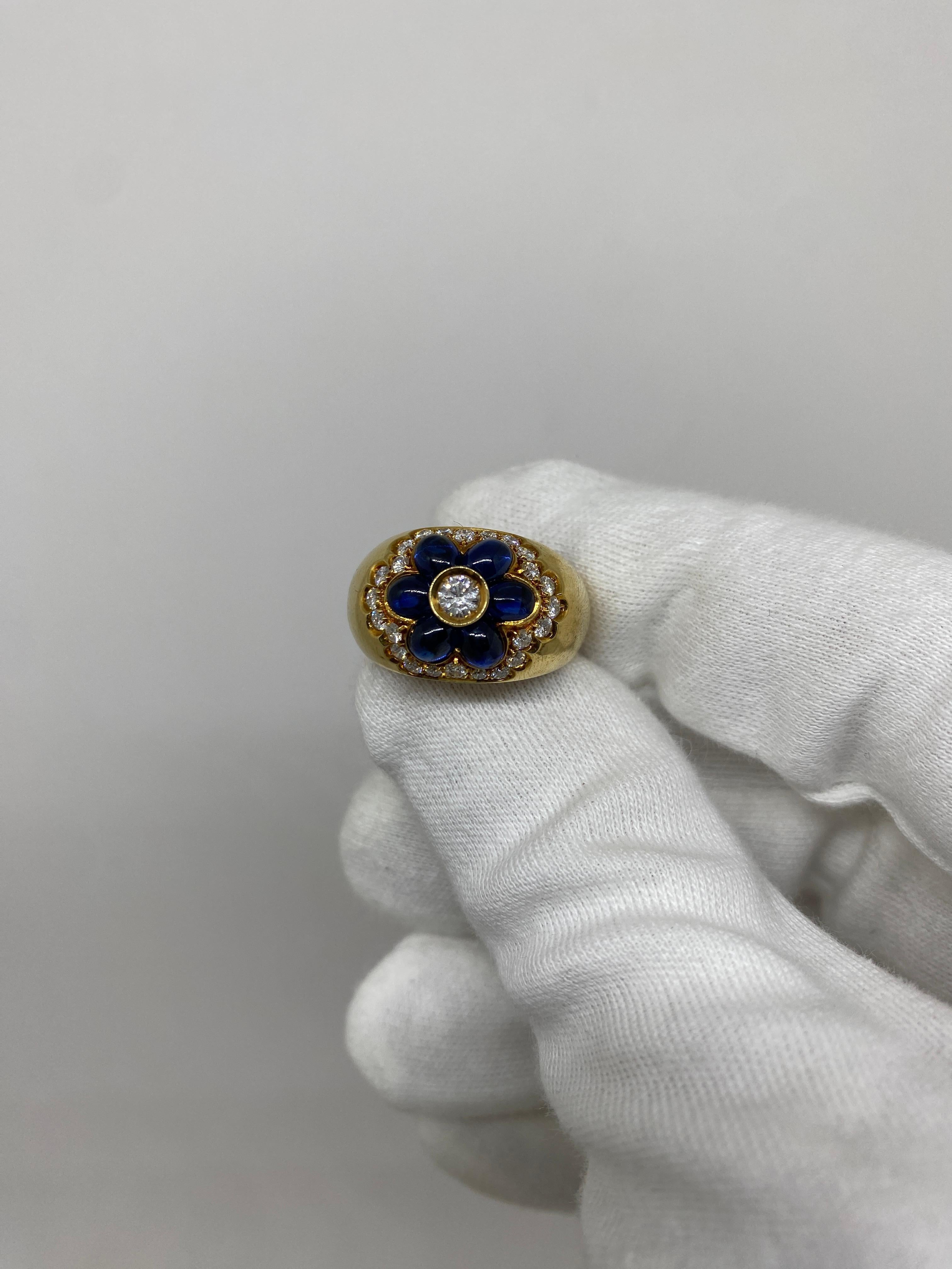 Cabochon 18kt Yellow Gold Vintage Band Ring 3.26ct Blue Sapphires & 0.88 White Diamonds For Sale