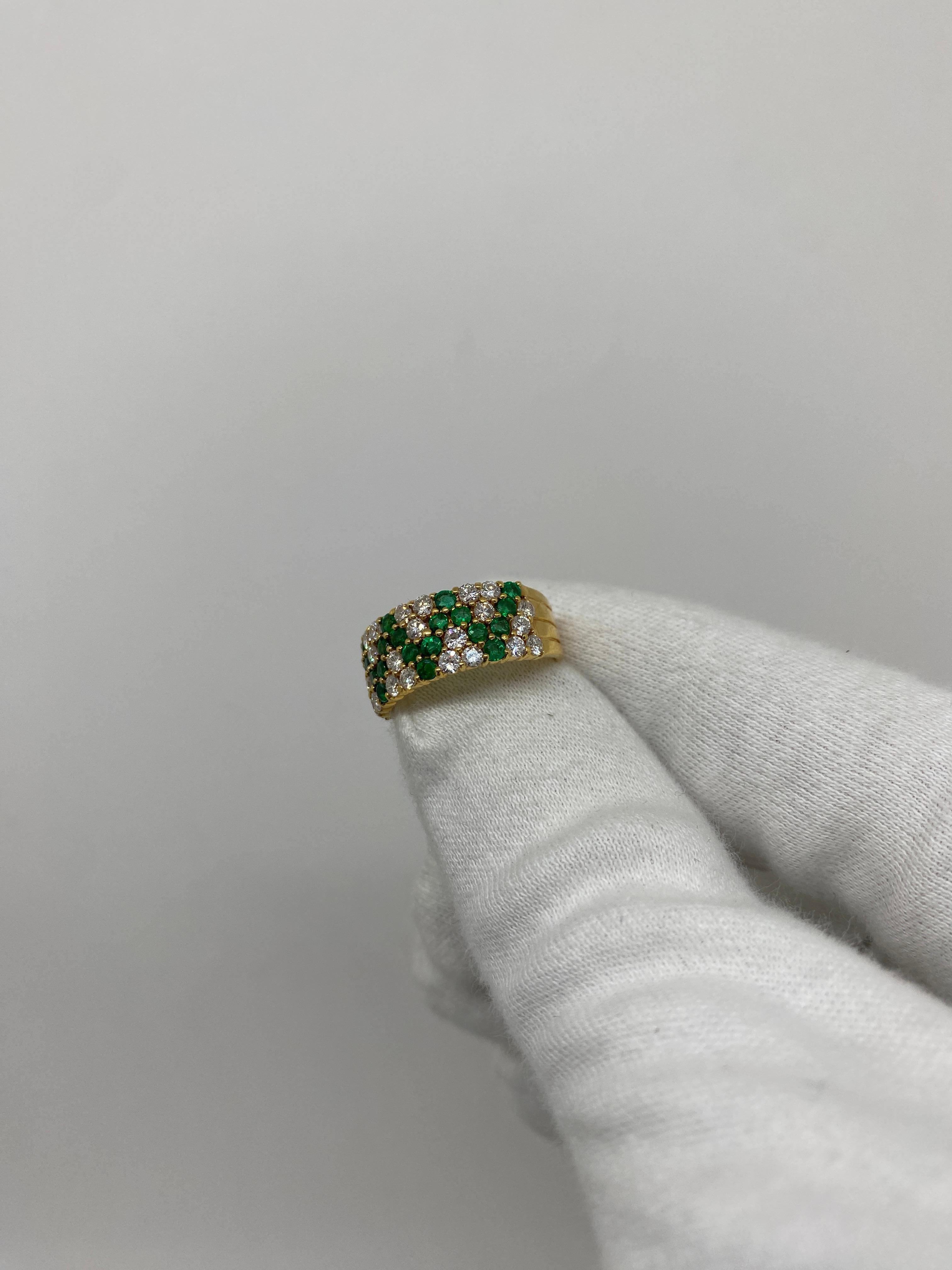 Brilliant Cut 18 Karat Yellow Gold Vintage Band Ring Emeralds & White Diamonds For Sale