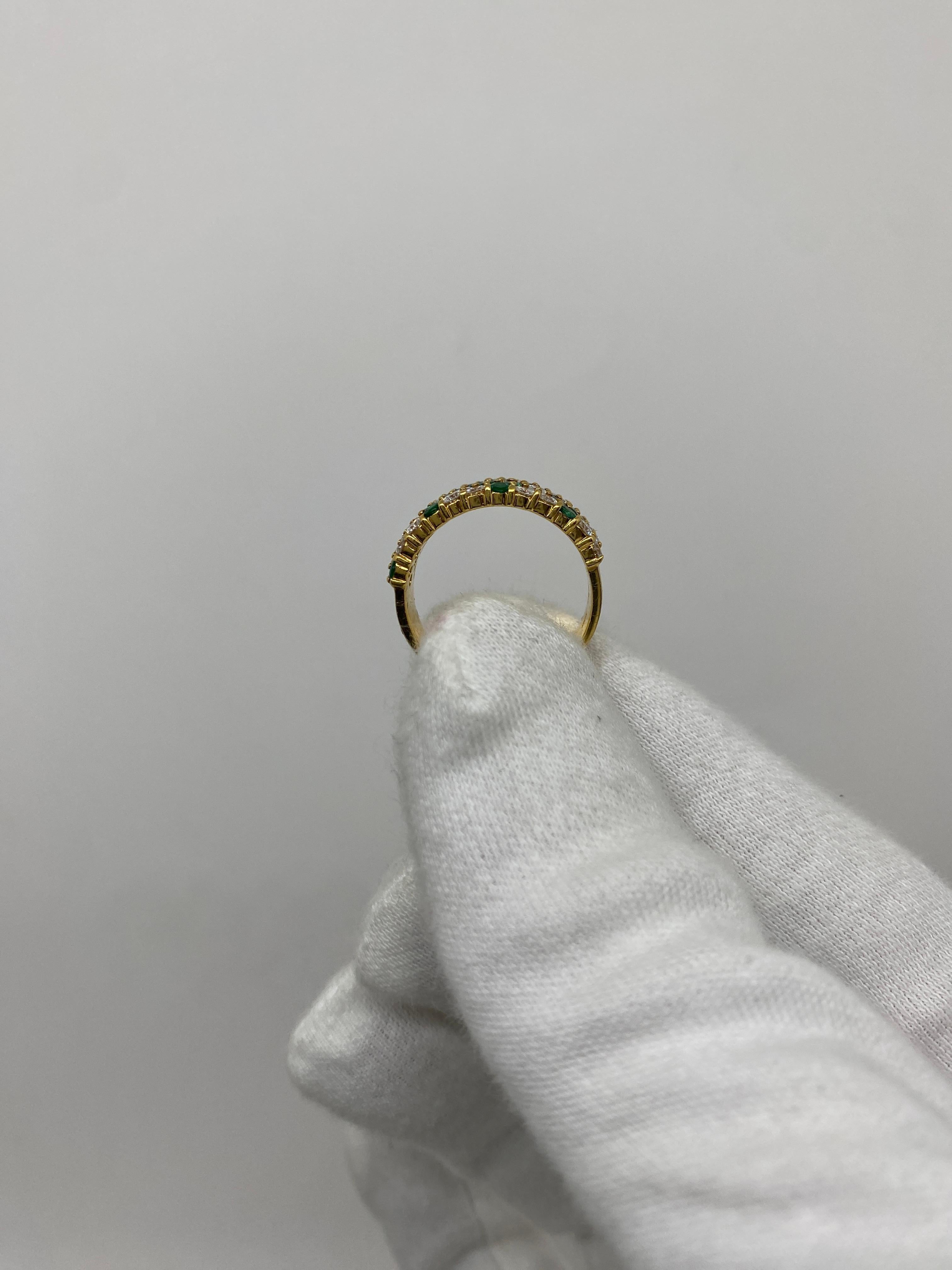Women's or Men's 18 Karat Yellow Gold Vintage Band Ring Emeralds & White Diamonds For Sale