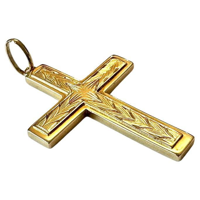 18 Karat Gelbgold Vintage Kreuz mit Blattdekoration