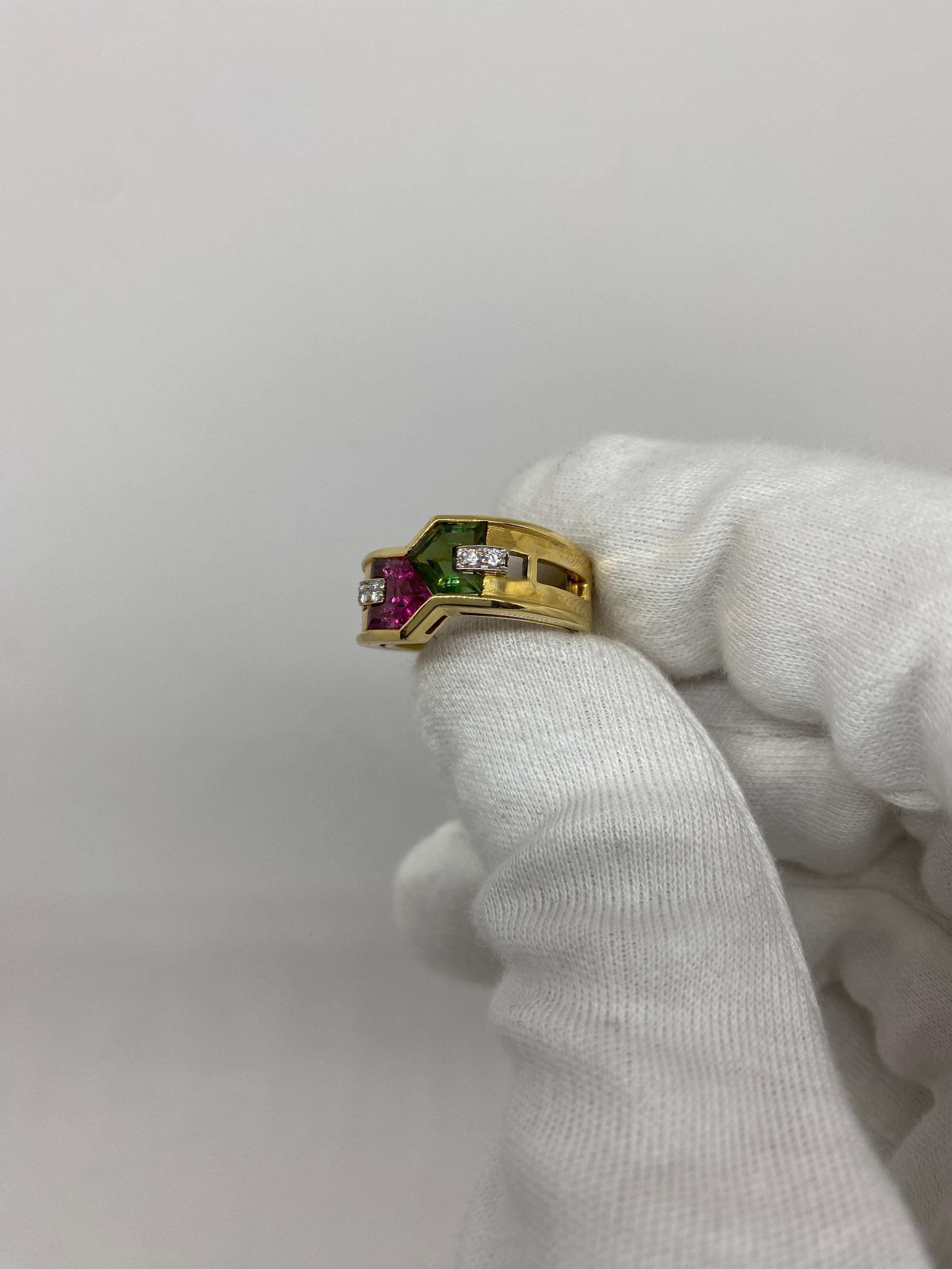 Brilliant Cut 18 Karat Yellow Gold Vintage Diamonds & Red and Green Tourmalines For Sale