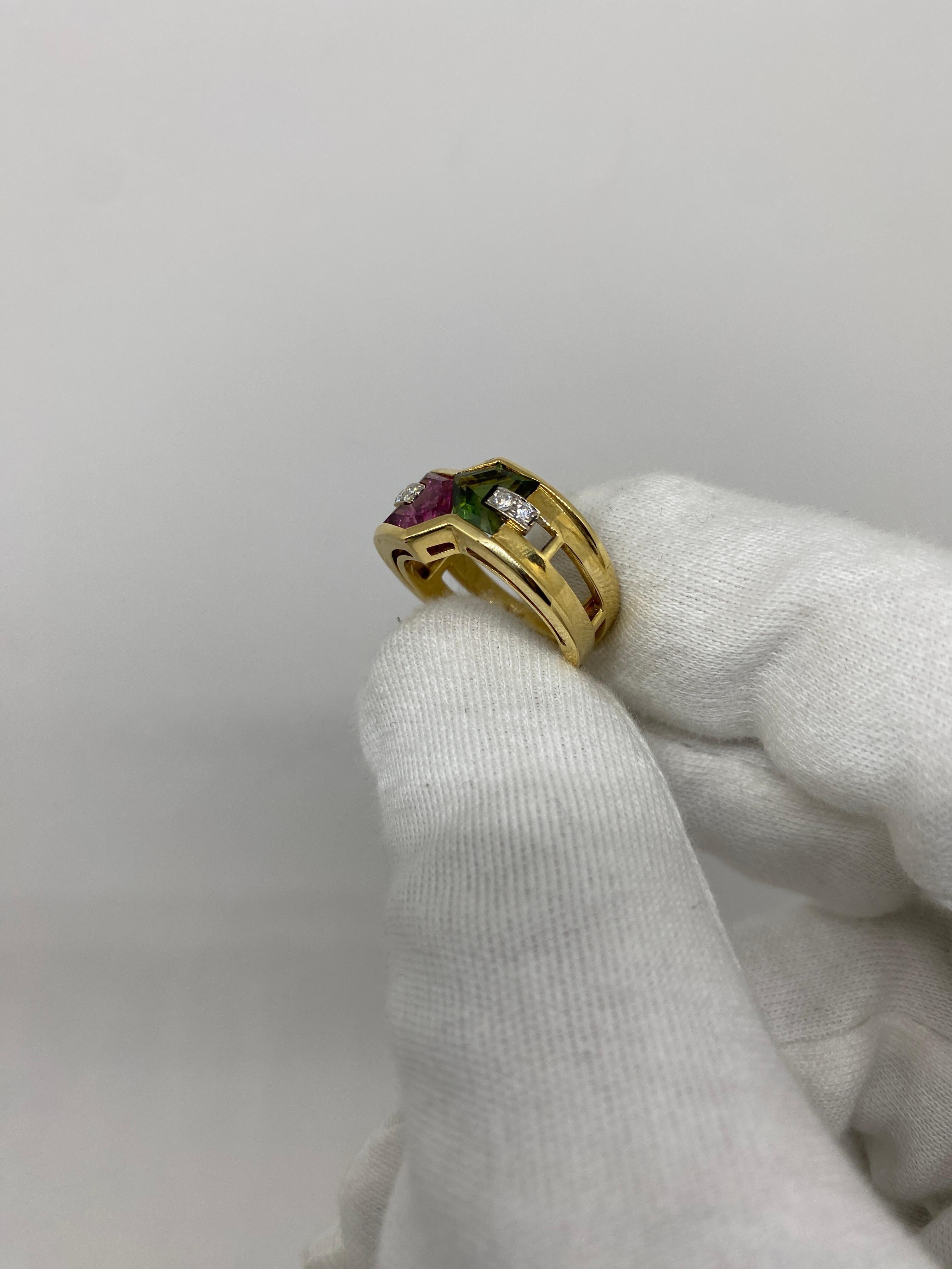18 Karat Yellow Gold Vintage Diamonds & Red and Green Tourmalines For Sale 1