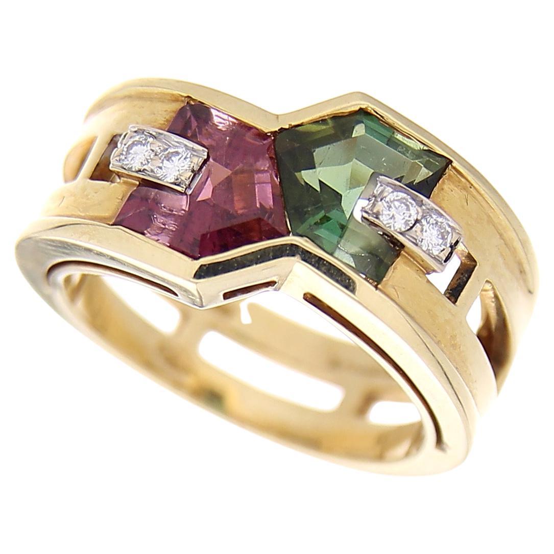 18 Karat Yellow Gold Vintage Diamonds & Red and Green Tourmalines For Sale