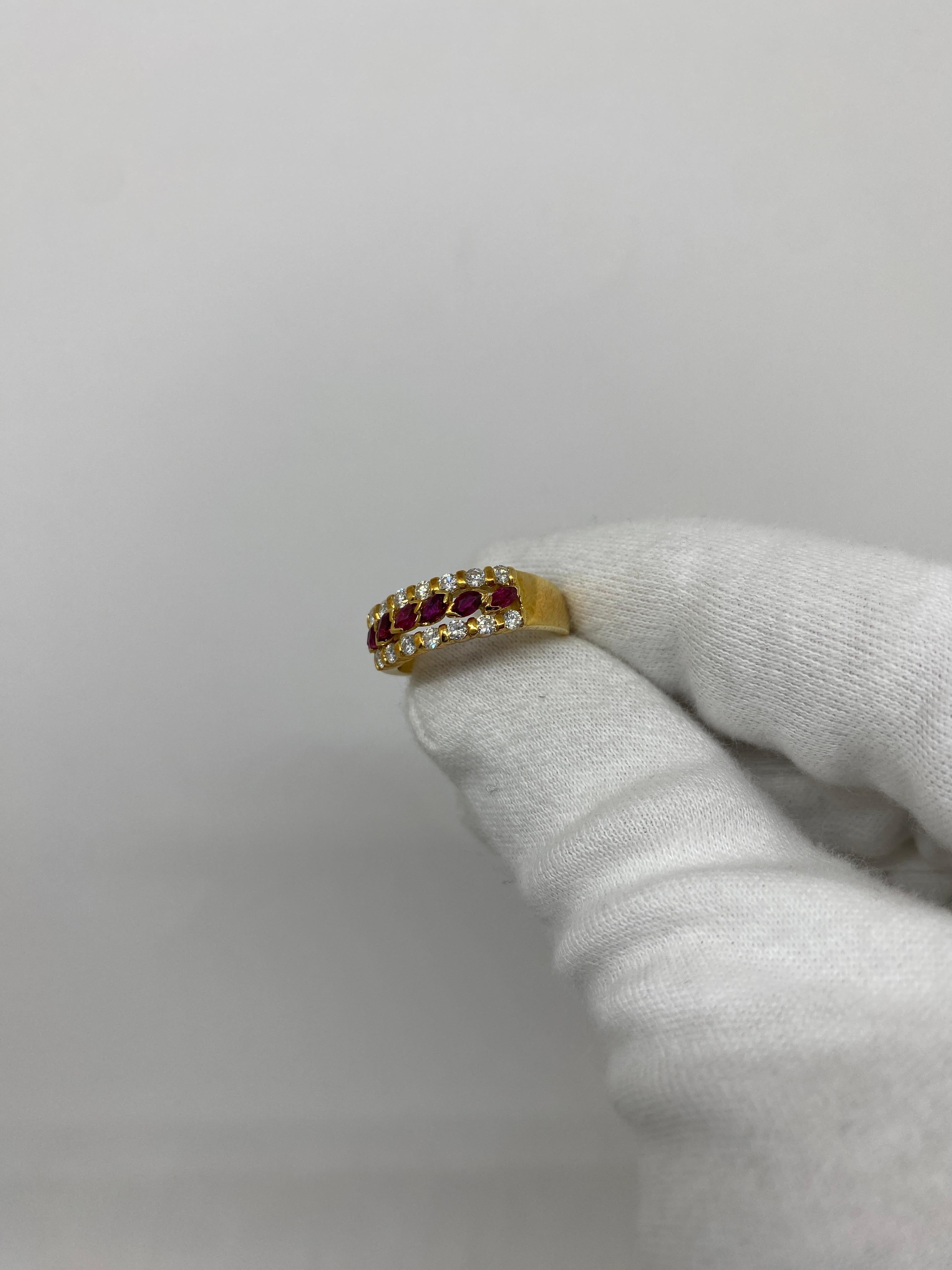Ring made of 18kt yellow gold with navette-cut rubies for ct.0.50 and natural white brilliant-cut diamonds for ct.0.45

Welcome to our jewelry collection, where every piece tells a story of timeless elegance and unparalleled craftsmanship. As a