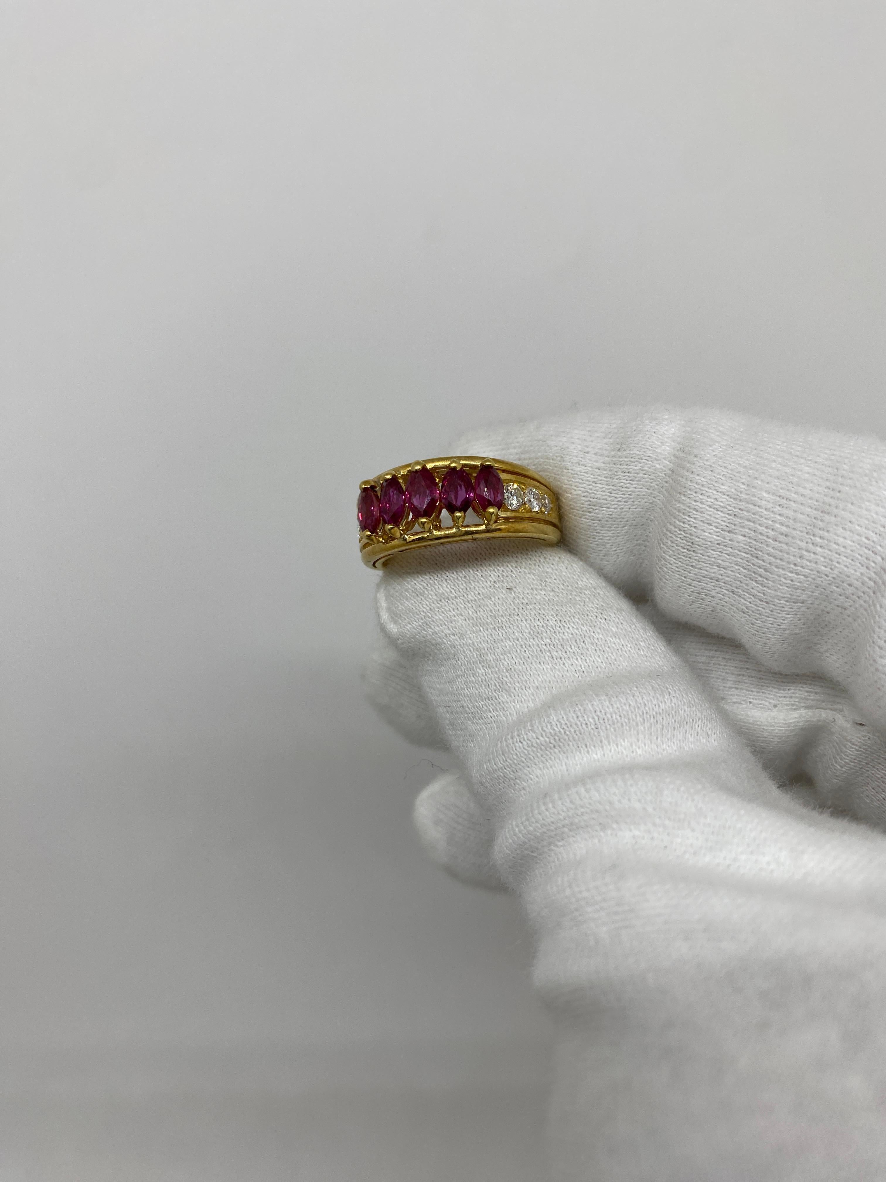 Brilliant Cut 18kt Yellow Gold Vintage Ring 0.50 Navette Rubies & 0.45 Carat White Diamonds For Sale