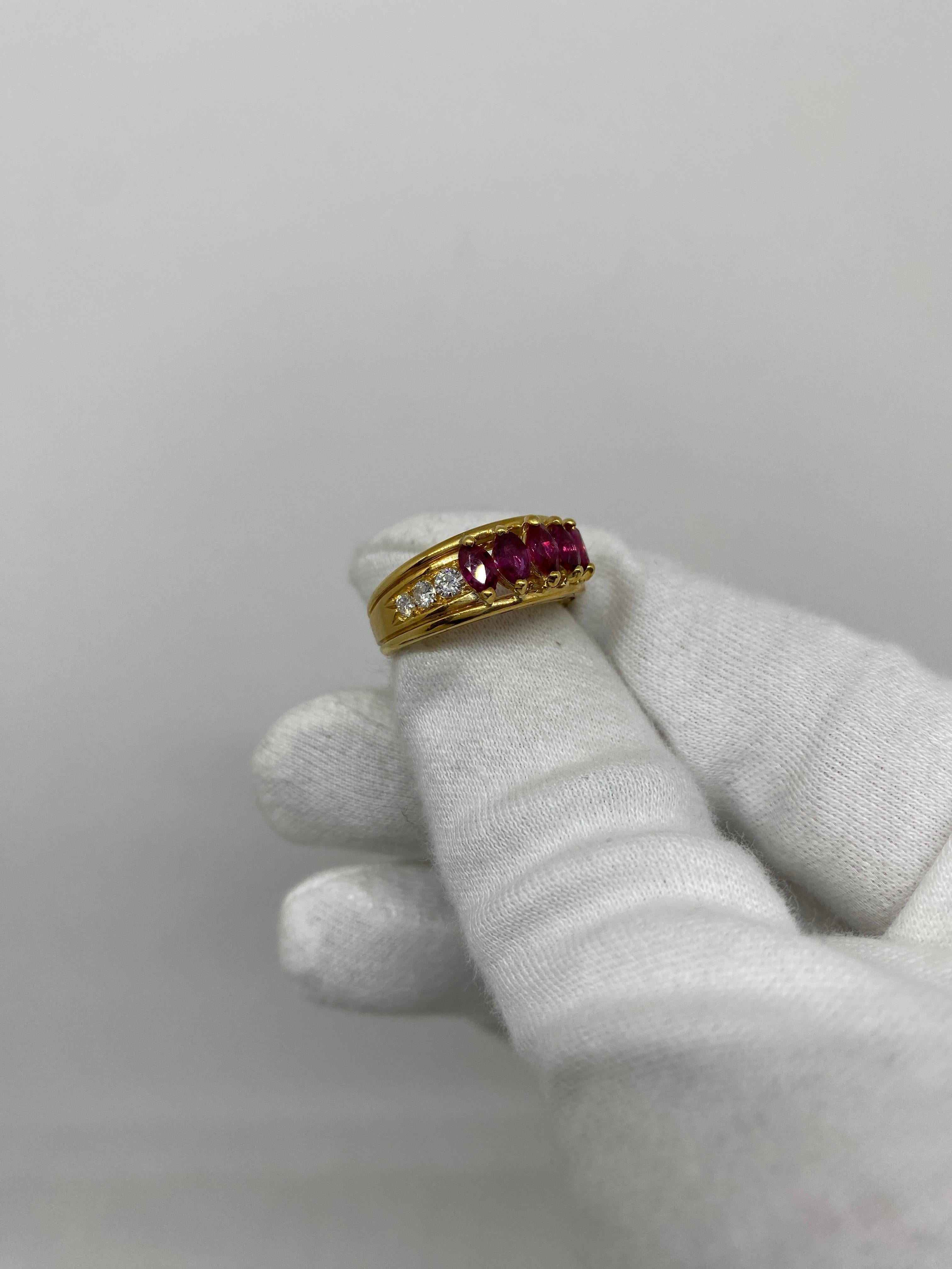 18kt Yellow Gold Vintage Ring 0.50 Navette Rubies & 0.45 Carat White Diamonds In Excellent Condition For Sale In Bergamo, BG