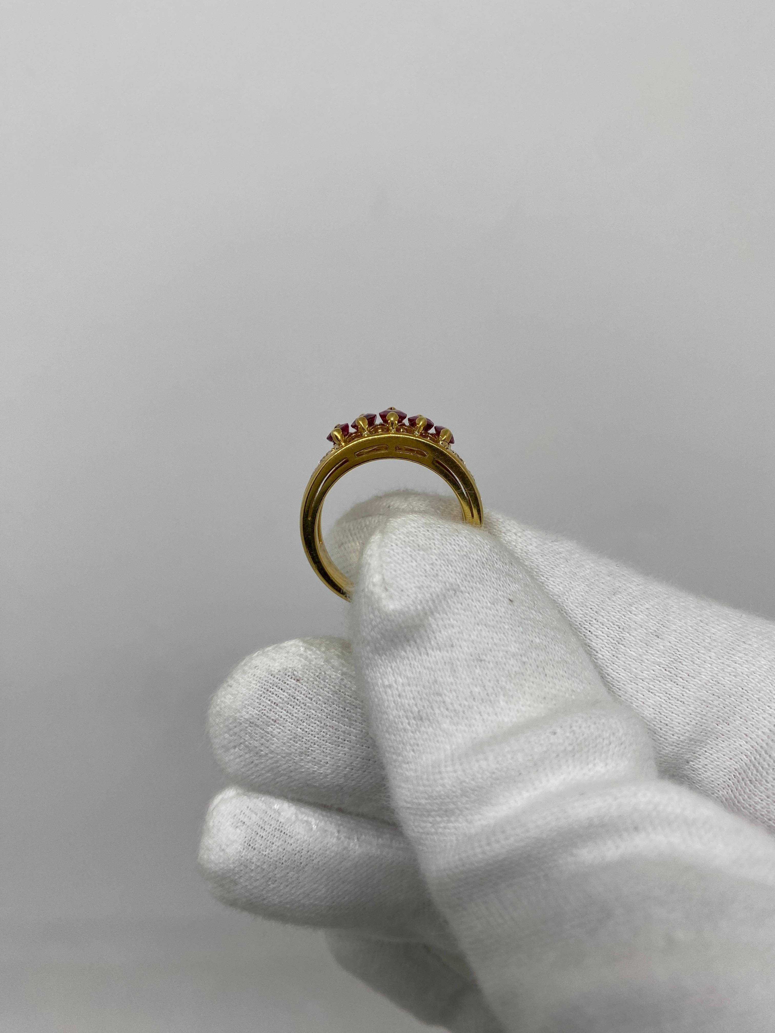 Women's or Men's 18kt Yellow Gold Vintage Ring 0.50 Navette Rubies & 0.45 Carat White Diamonds For Sale