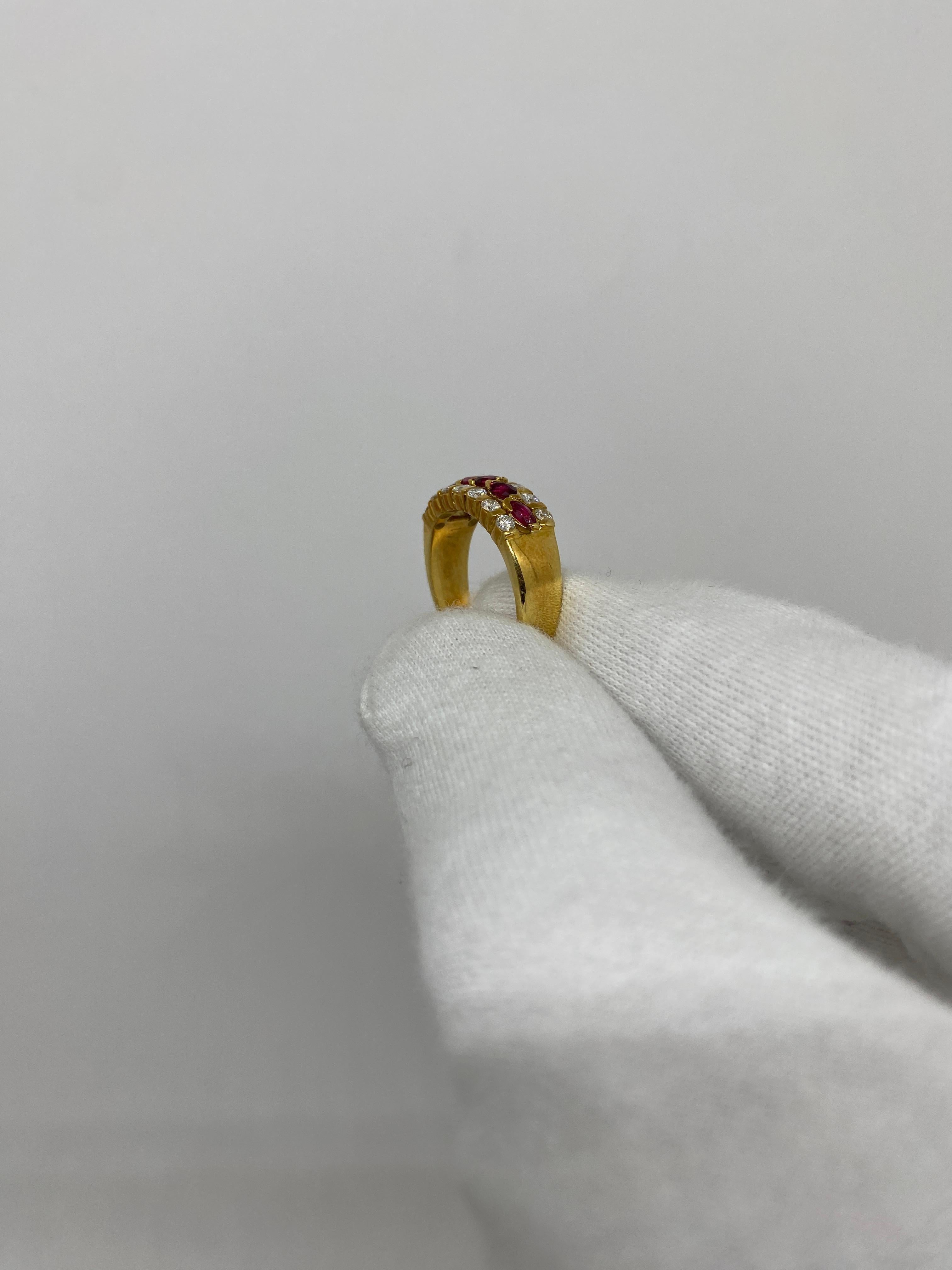 Women's or Men's 18 Karat Yellow Gold Vintage Ring 0.50 Navette Rubies and 0.45ct White Diamonds  For Sale