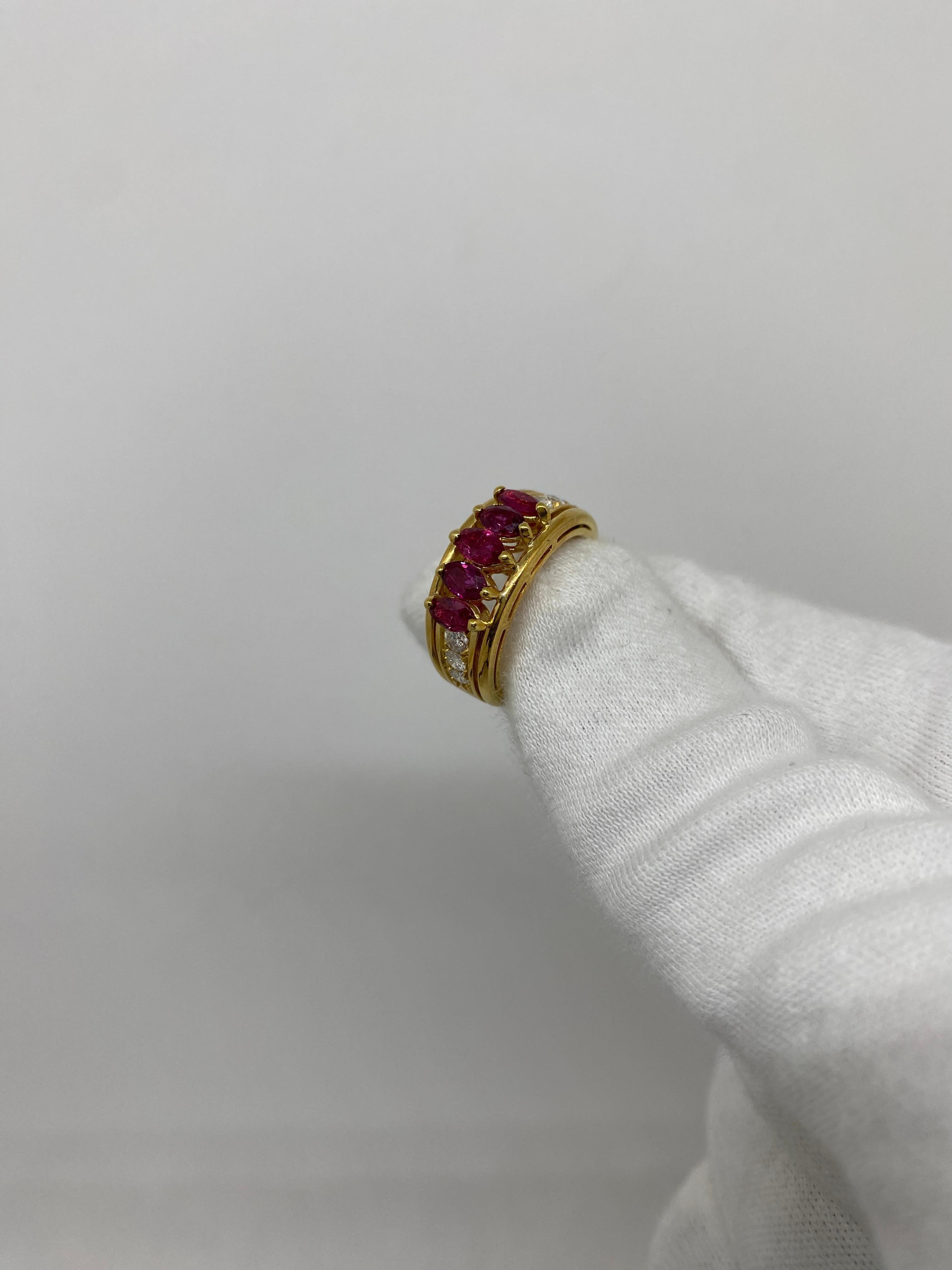 18kt Yellow Gold Vintage Ring 0.50 Navette Rubies & 0.45 Carat White Diamonds For Sale 1